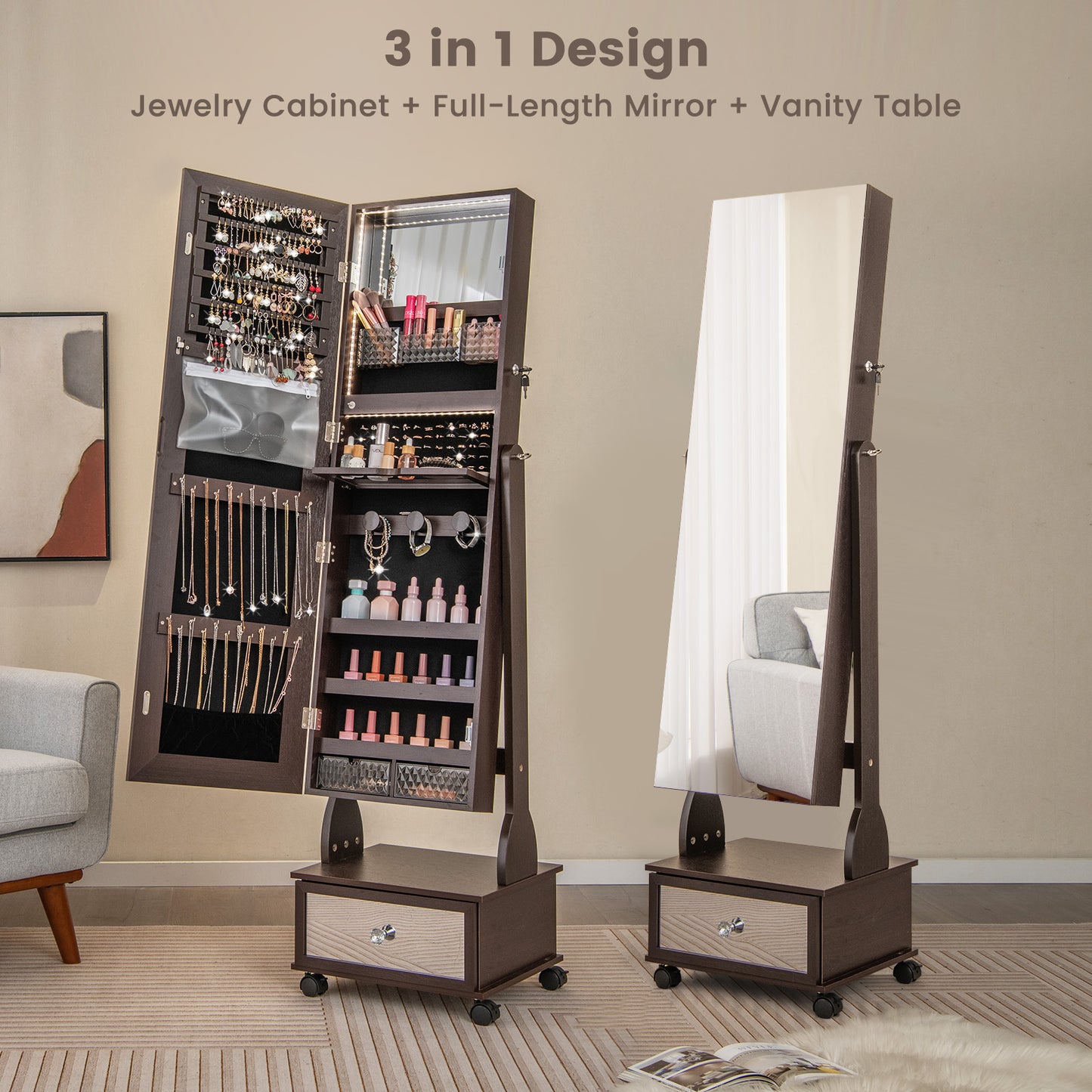 47 Inch Lockable Jewelry Armoire with 3-Color LED Lights & Full-Length Mirror - Brown