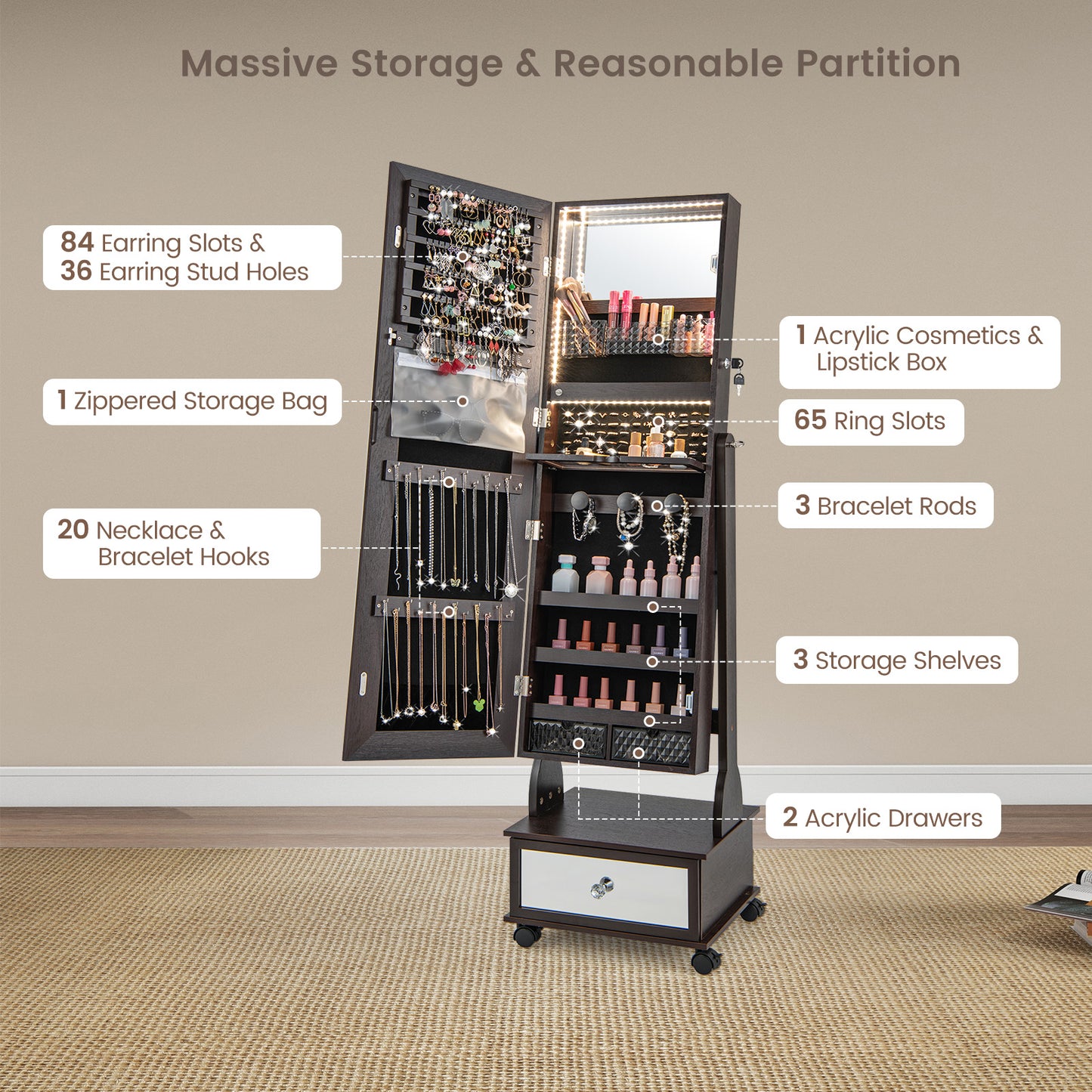 47 Inch Lockable Jewelry Armoire with 3-Color LED Lights & Full-Length Mirror - Brown