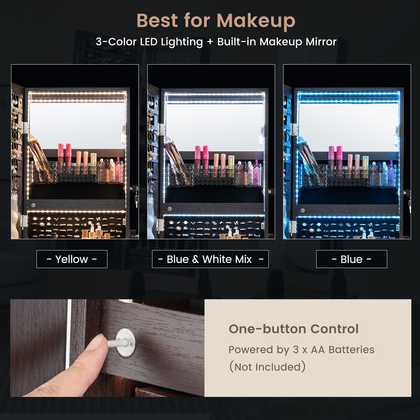 47 Inch Lockable Jewelry Armoire with 3-Color LED Lights & Full-Length Mirror - Brown