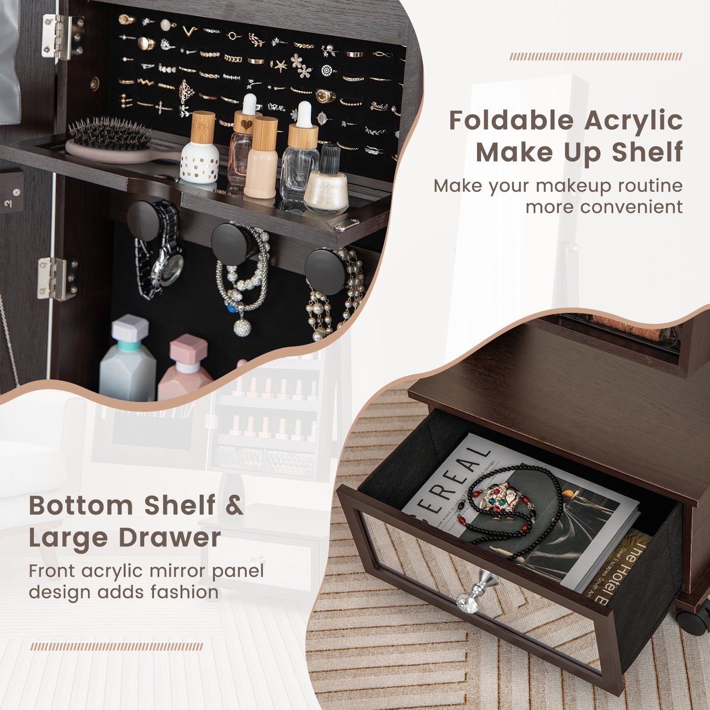 47 Inch Lockable Jewelry Armoire with 3-Color LED Lights & Full-Length Mirror - Brown