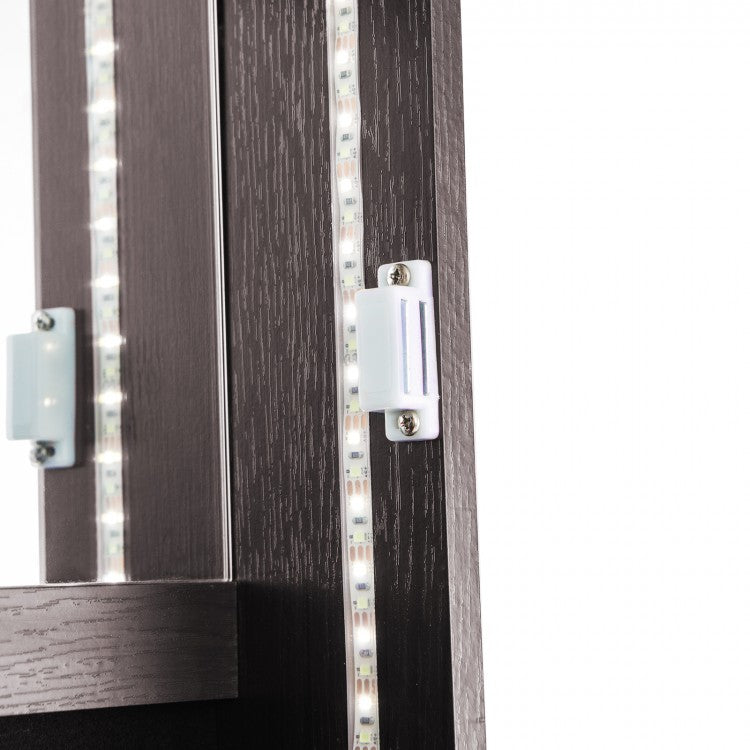 47 Inch Lockable Jewelry Armoire with 3-Color LED Lights & Full-Length Mirror - Brown