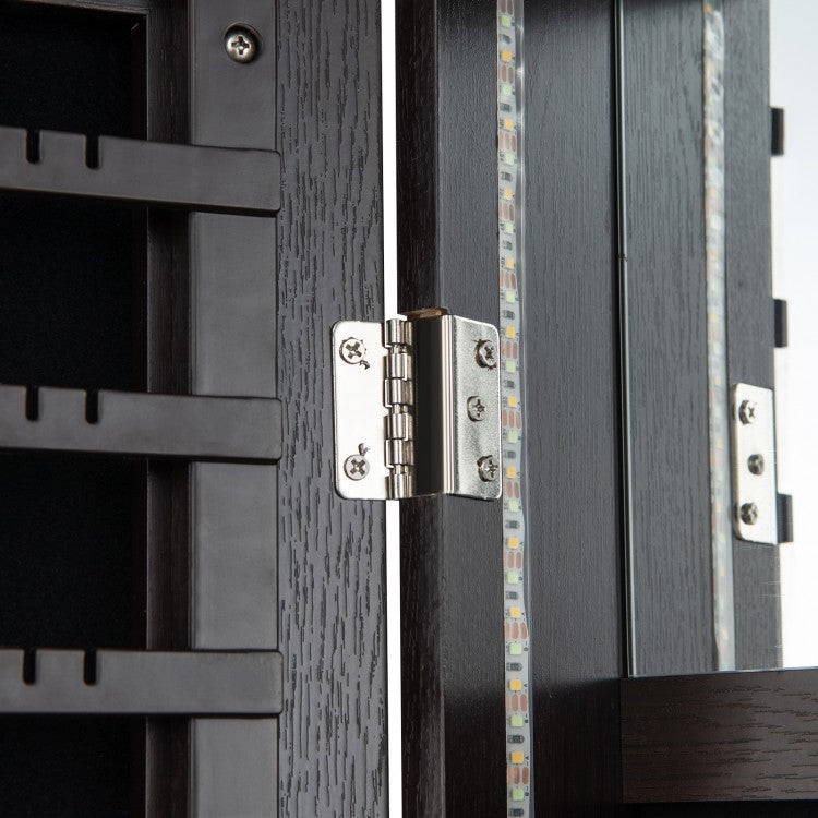 47 Inch Lockable Jewelry Armoire with 3-Color LED Lights & Full-Length Mirror - Brown