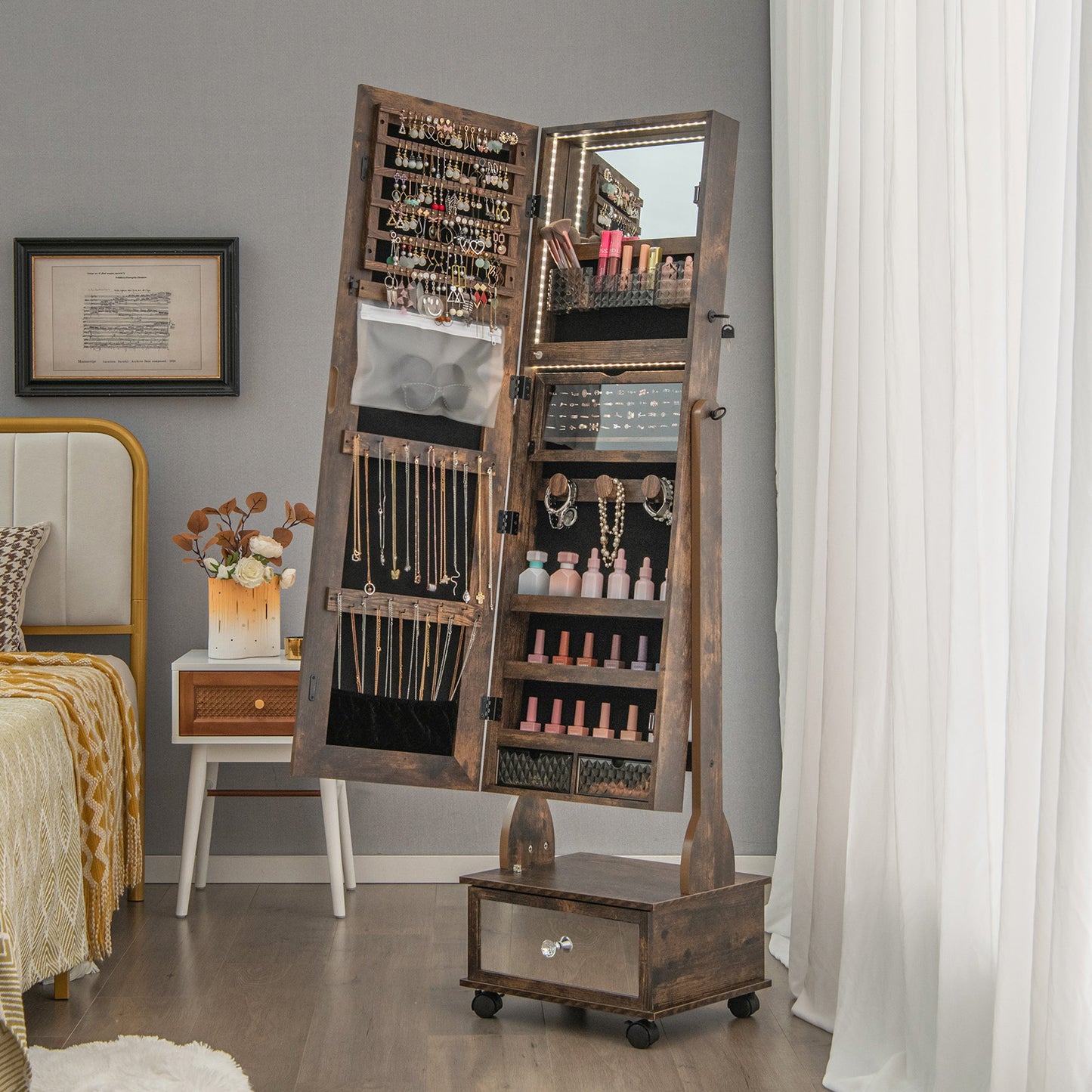 47 Inch Lockable Jewelry Armoire with 3-Color LED Lights & Full-Length Mirror - Rustic Brown