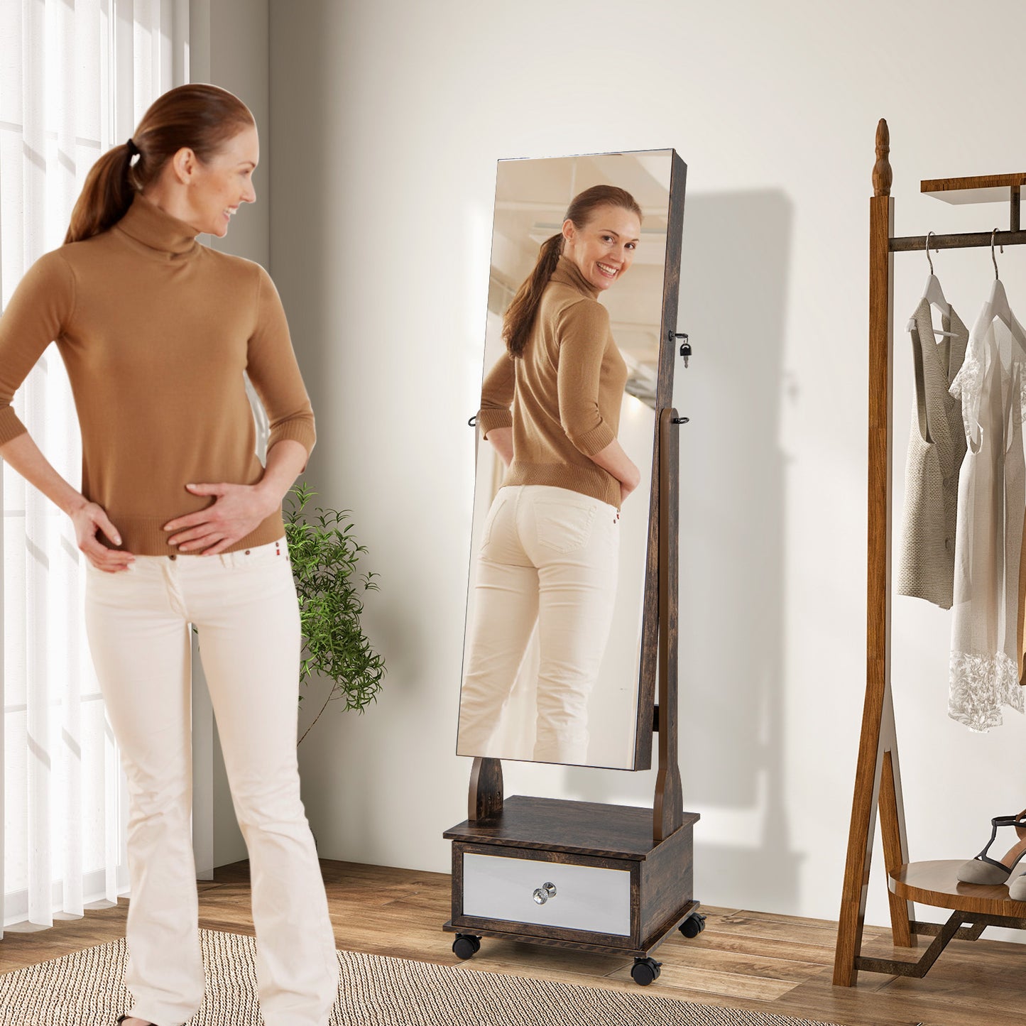 47 Inch Lockable Jewelry Armoire with 3-Color LED Lights & Full-Length Mirror - Rustic Brown