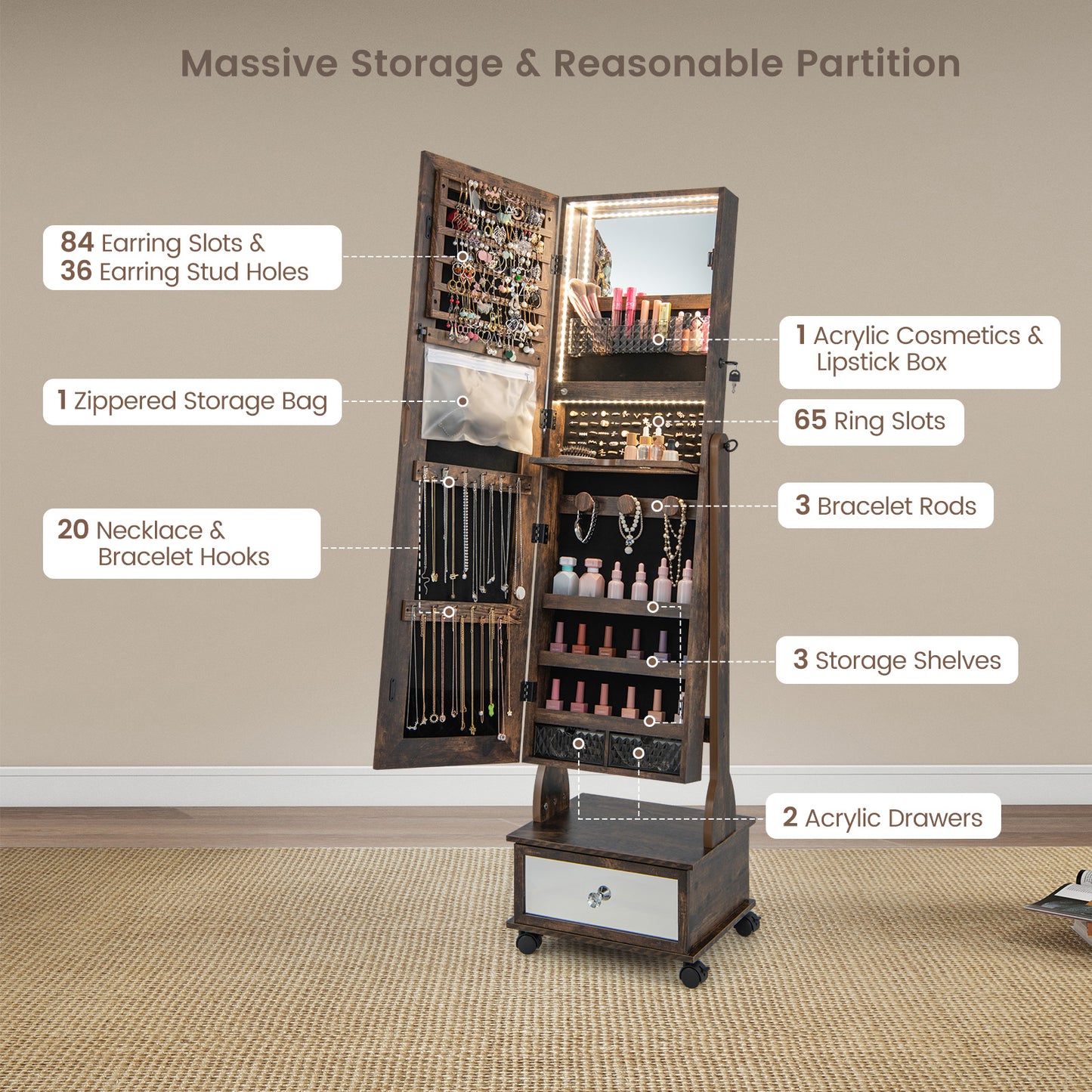 47 Inch Lockable Jewelry Armoire with 3-Color LED Lights & Full-Length Mirror - Rustic Brown