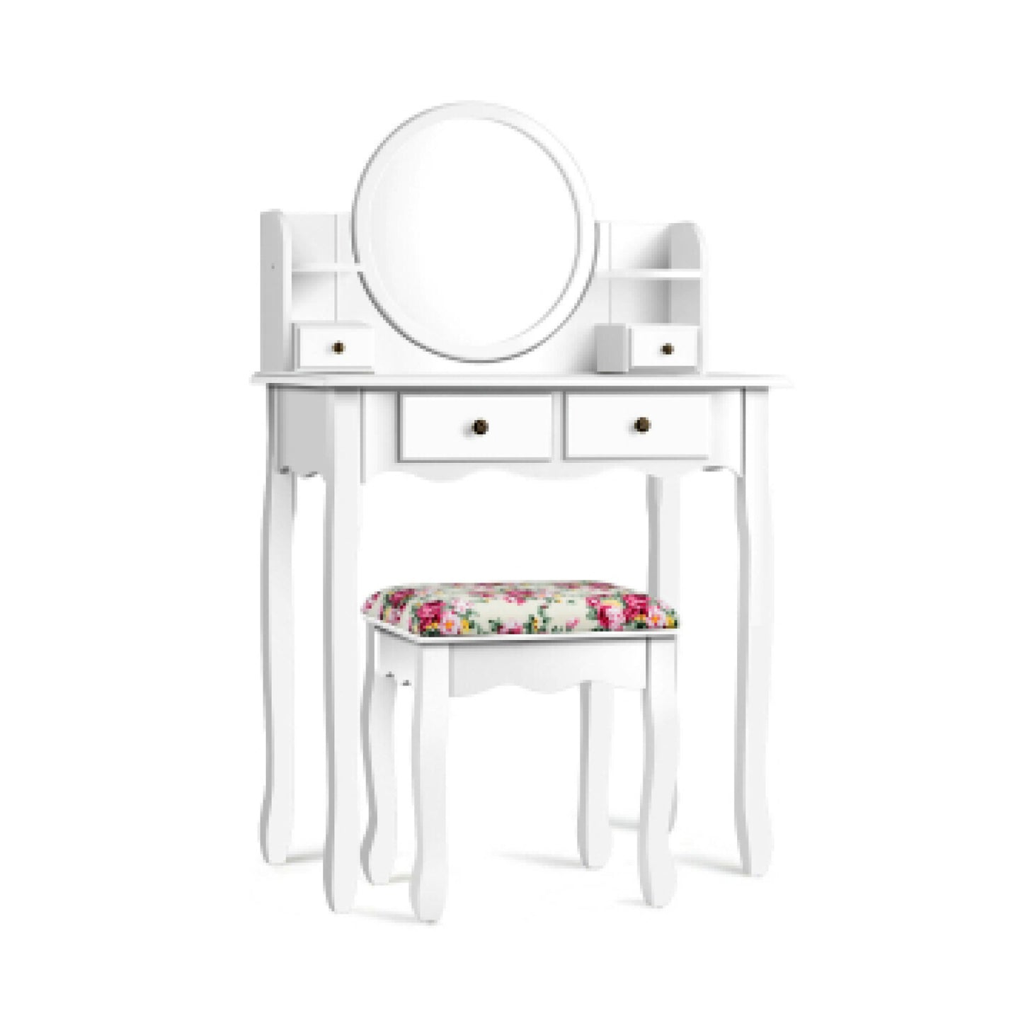 Girls Makeup Vanity Set with Oval Mirror, 4 Drawers & Cushioned Stool – White