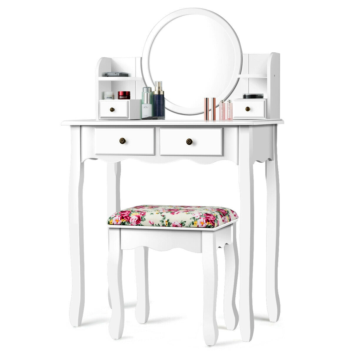 Girls Makeup Vanity Set with Oval Mirror, 4 Drawers & Cushioned Stool – White