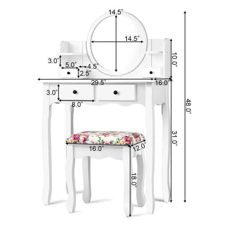 Girls Makeup Vanity Set with Oval Mirror, 4 Drawers & Cushioned Stool – White