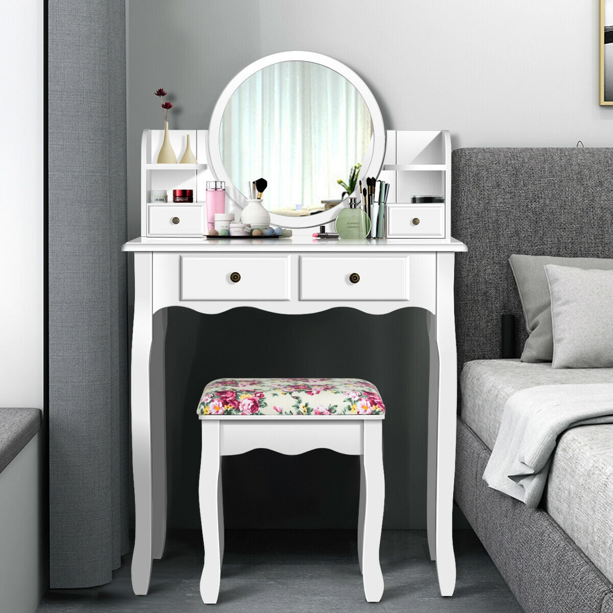 Girls Makeup Vanity Set with Oval Mirror, 4 Drawers & Cushioned Stool – White