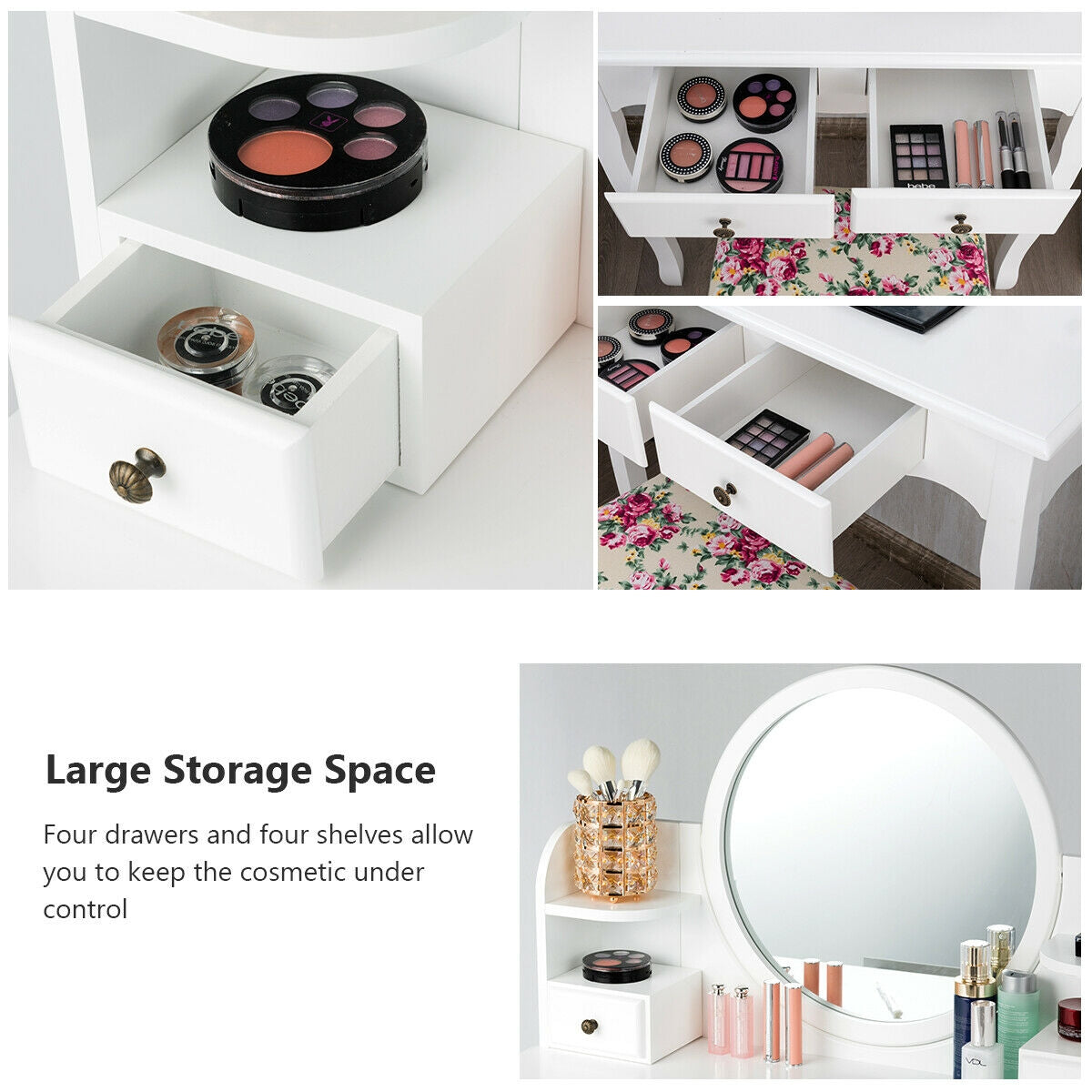Girls Makeup Vanity Set with Oval Mirror, 4 Drawers & Cushioned Stool – White