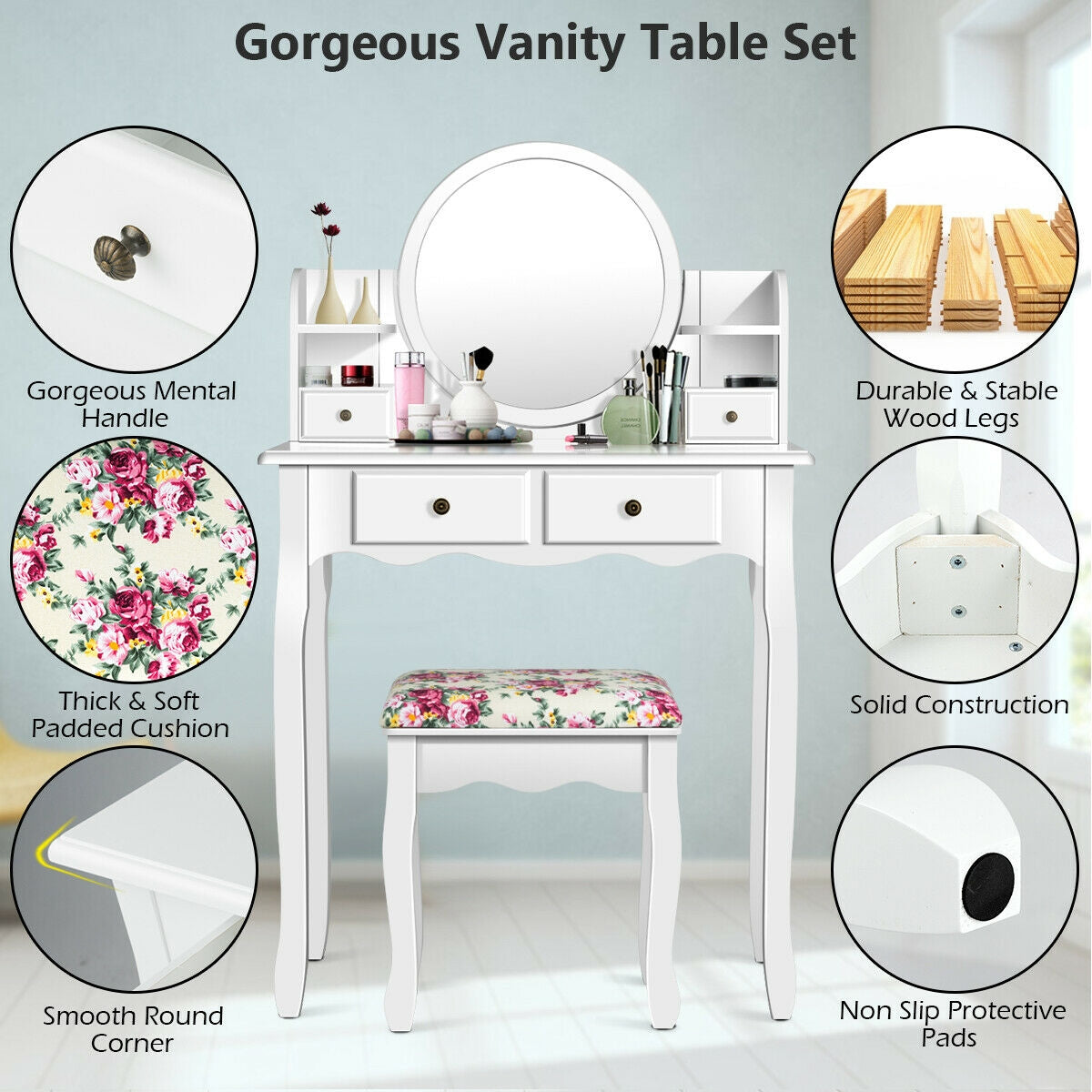 Girls Makeup Vanity Set with Oval Mirror, 4 Drawers & Cushioned Stool – White
