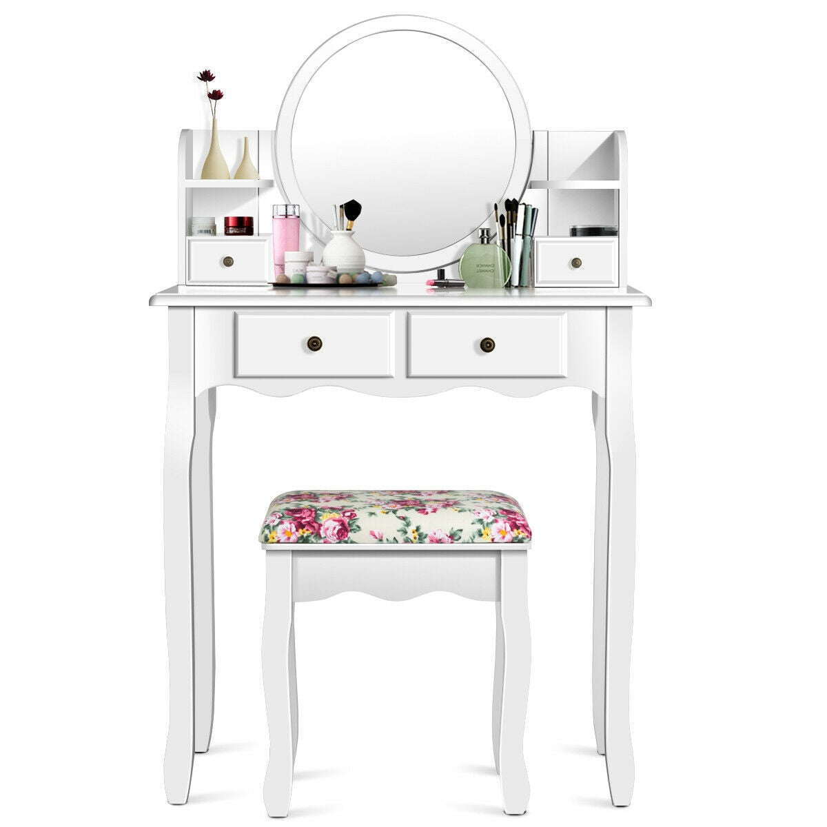 Girls Makeup Vanity Set with Oval Mirror, 4 Drawers & Cushioned Stool – White