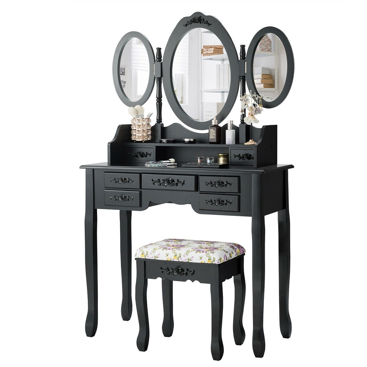 Vanity Set with Tri-Folding Mirror, 7 Storage Drawers, and Cushioned Stool - Black