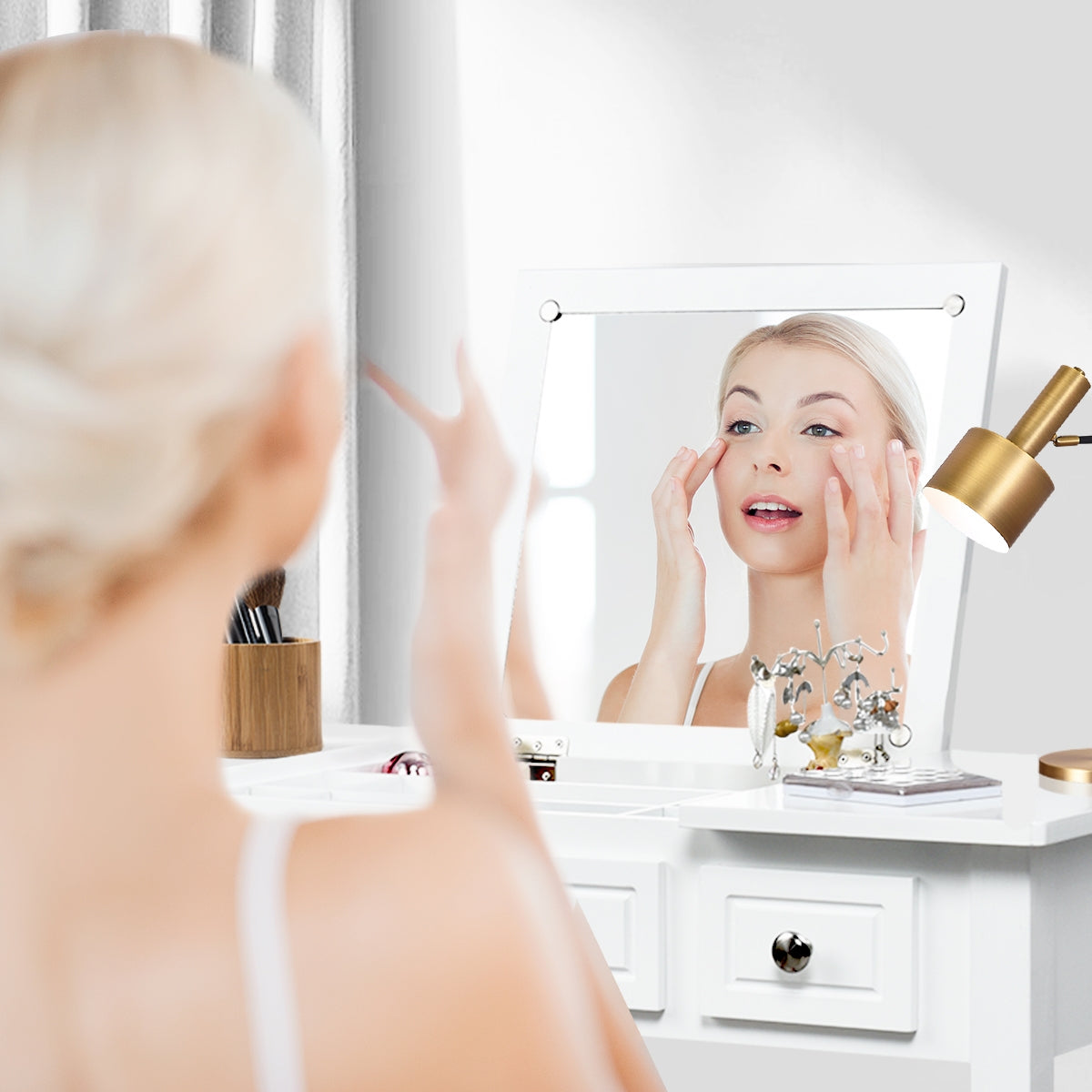 Modern Vanity Table Set with Flip Top Mirror, 3 Drawers & Stool