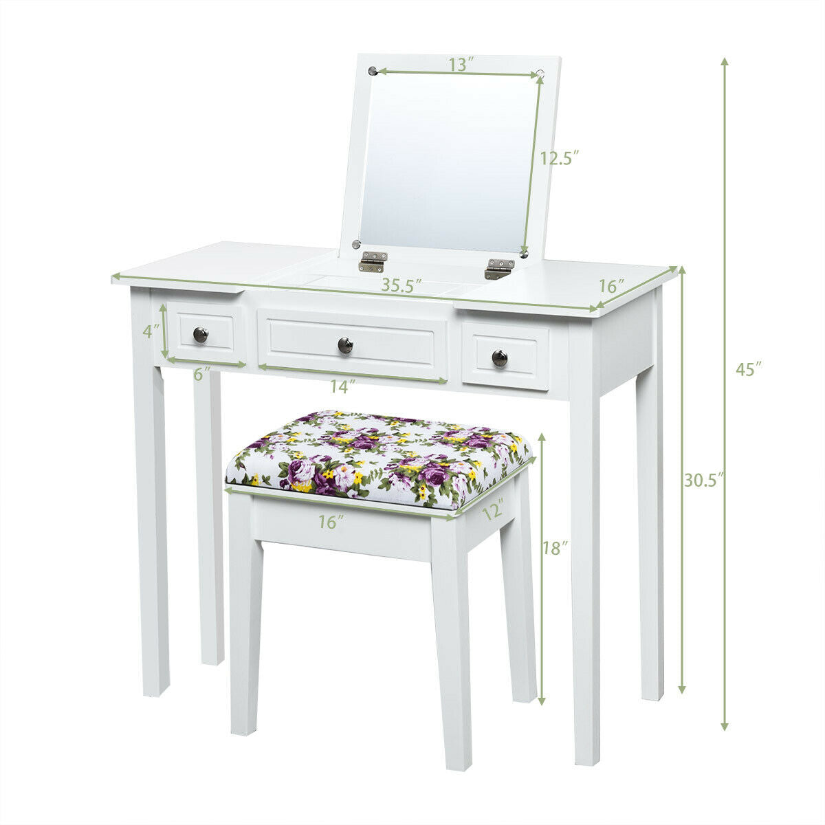 Modern Vanity Table Set with Flip Top Mirror, 3 Drawers & Stool