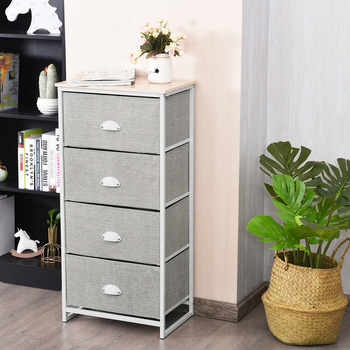Compact 4-Drawer Storage Chest with Metal Frame and Fabric Drawers, Stylish Organizer Cabinet – Grey