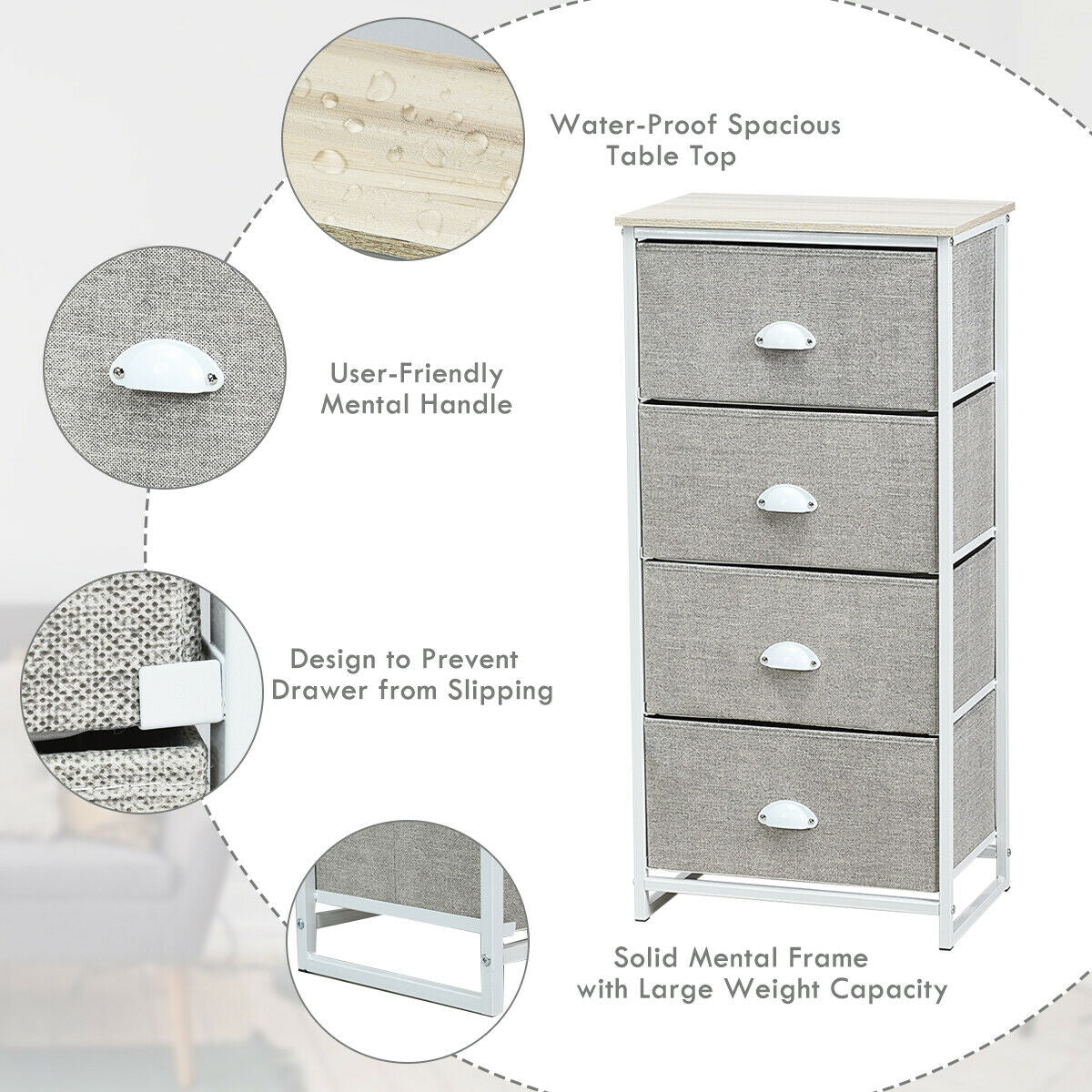 Compact 4-Drawer Storage Chest with Metal Frame and Fabric Drawers, Stylish Organizer Cabinet – Grey