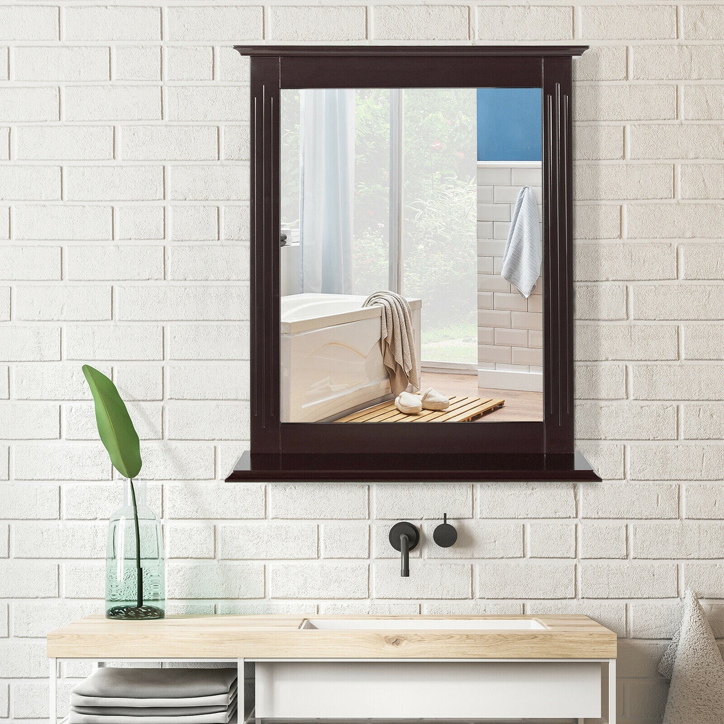 Wall-Mounted Vanity Mirror with Shelf for Storage and Elegant Design - Brown