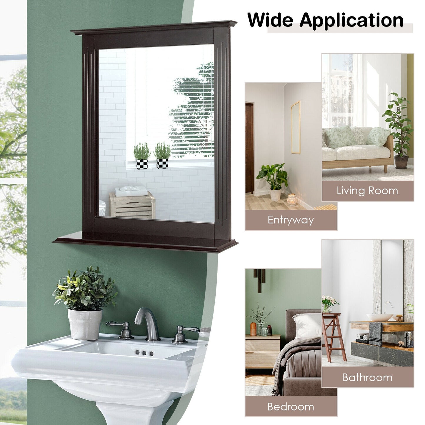 Wall-Mounted Vanity Mirror with Shelf for Storage and Elegant Design - Brown
