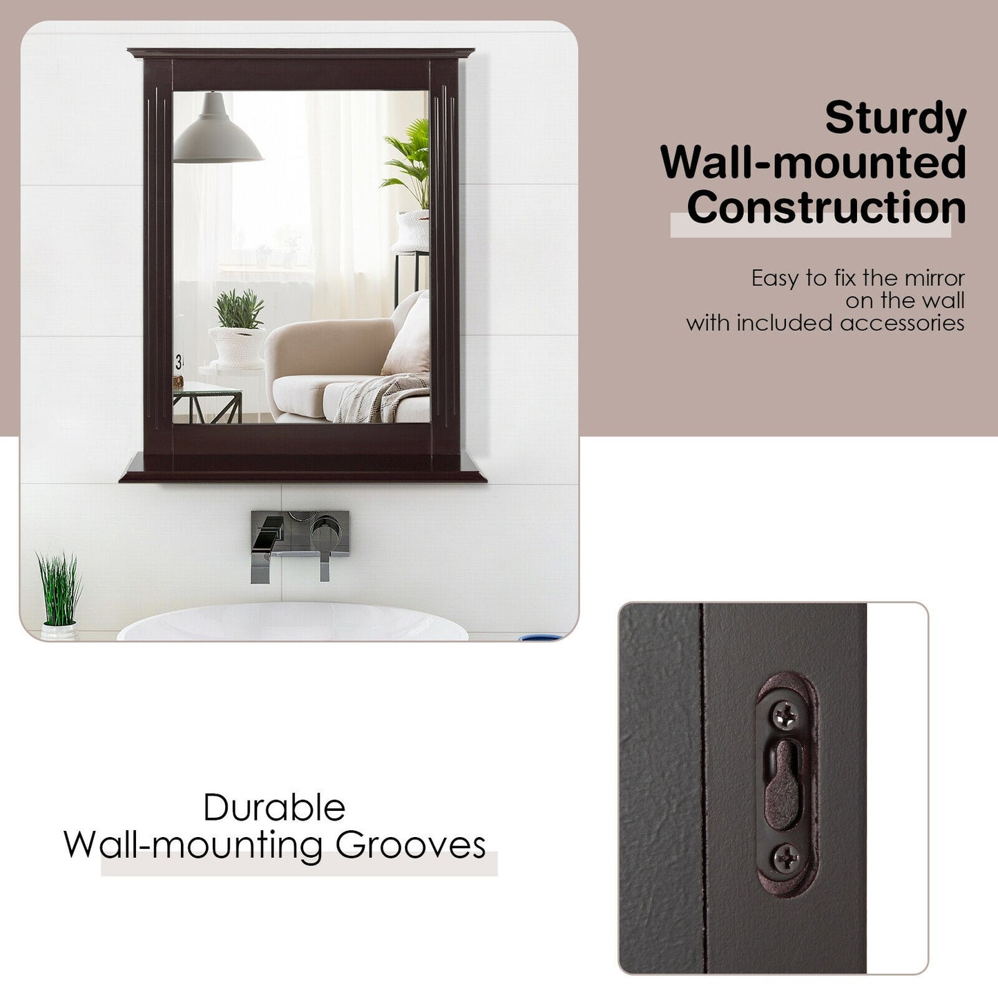 Wall-Mounted Vanity Mirror with Shelf for Storage and Elegant Design - Brown