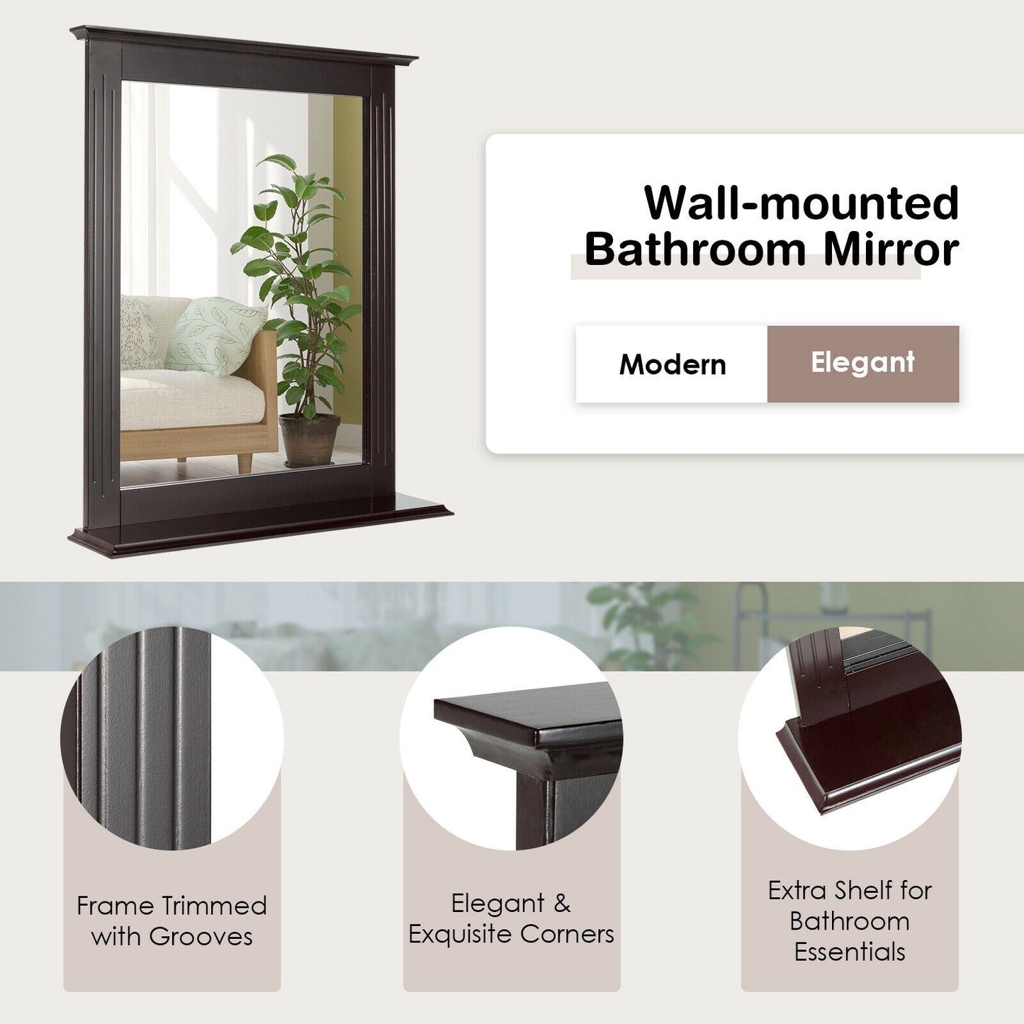 Wall-Mounted Vanity Mirror with Shelf for Storage and Elegant Design - Brown