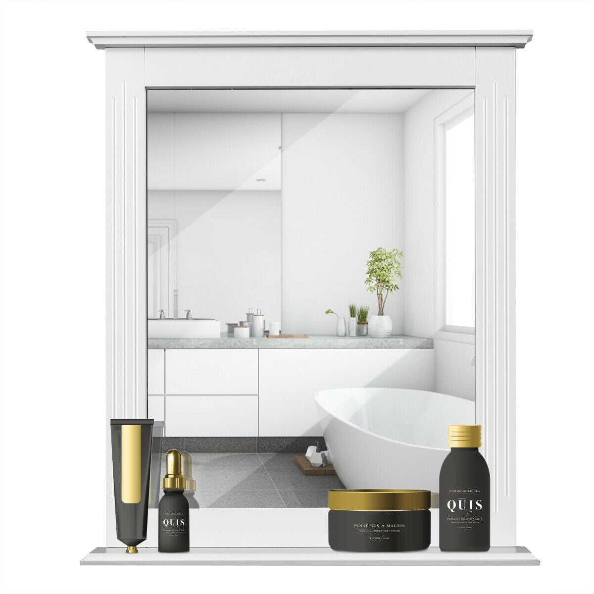 Wall-Mounted Vanity Mirror with Shelf for Storage and Elegant Design - White