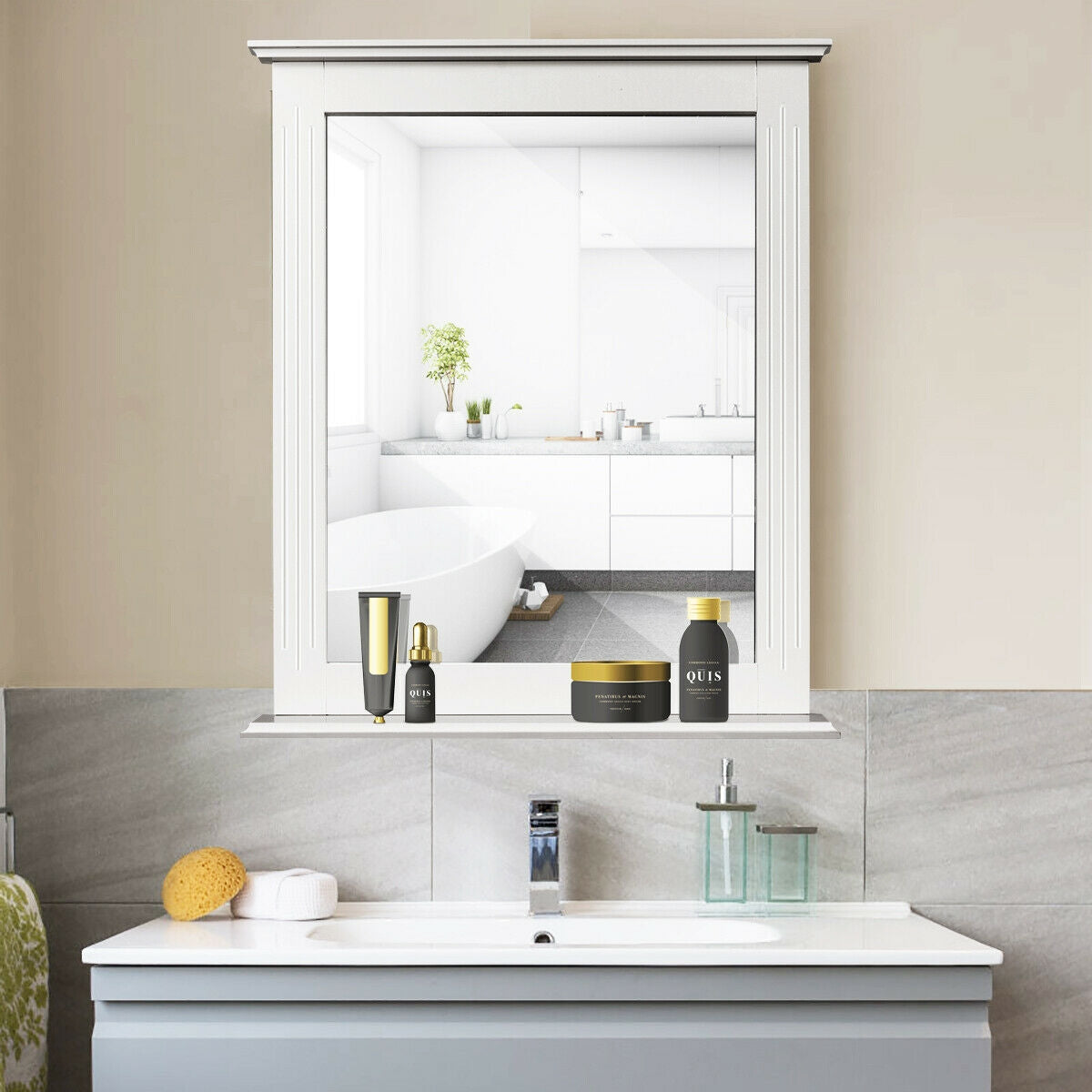Wall-Mounted Vanity Mirror with Shelf for Storage and Elegant Design - White