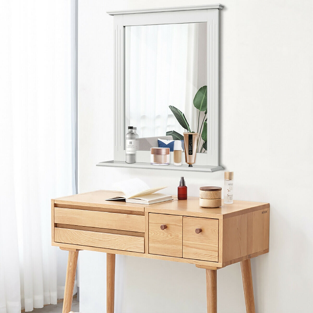 Wall-Mounted Vanity Mirror with Shelf for Storage and Elegant Design - White