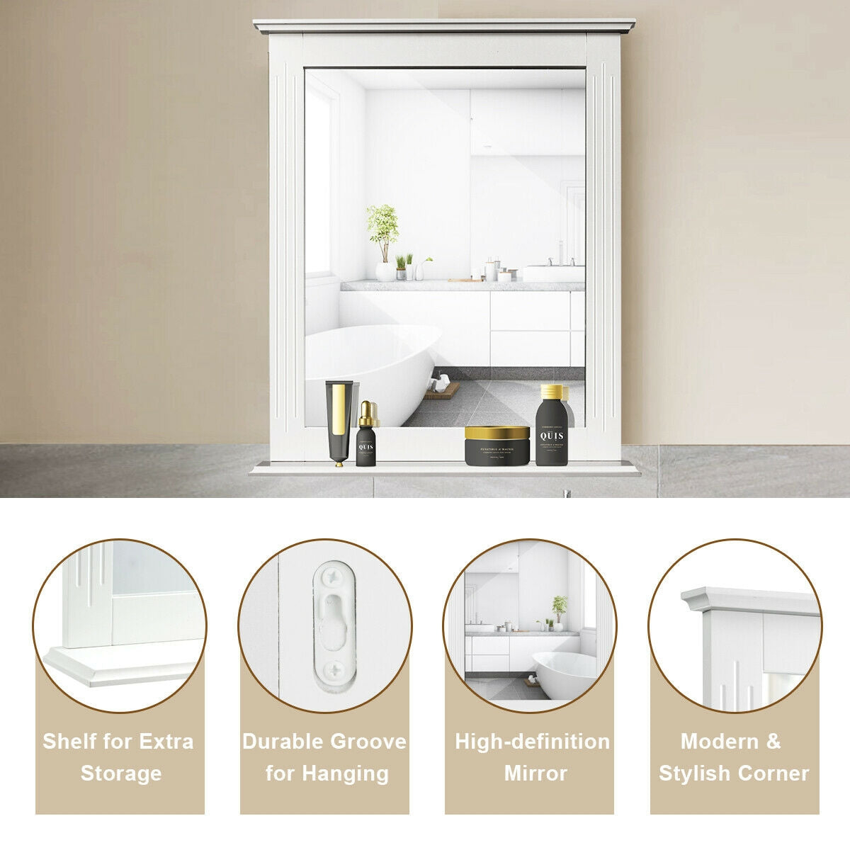 Wall-Mounted Vanity Mirror with Shelf for Storage and Elegant Design - White