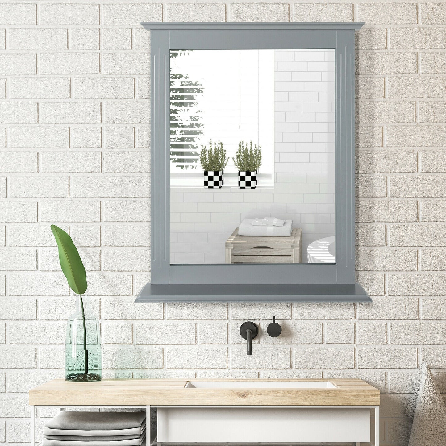 Wall-Mounted Vanity Mirror with Shelf for Storage and Elegant Design - Grey
