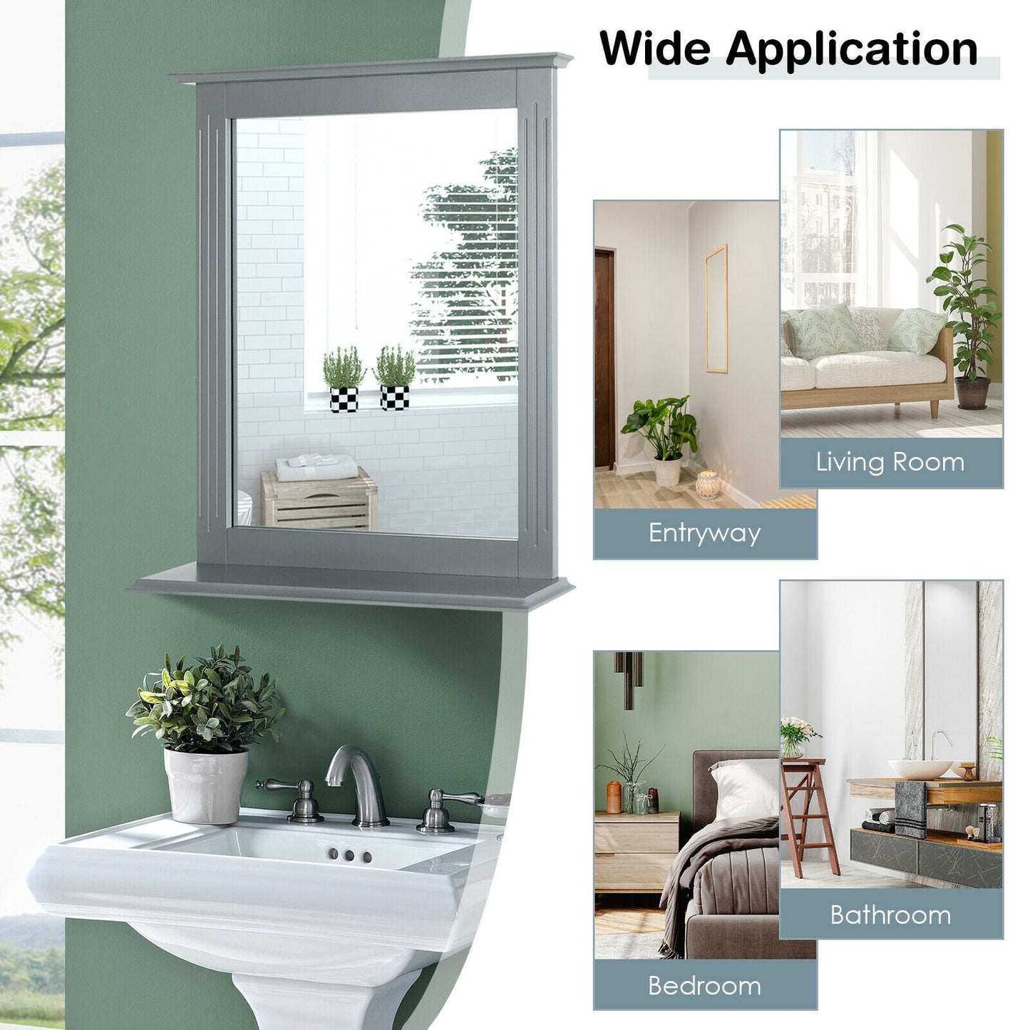 Wall-Mounted Vanity Mirror with Shelf for Storage and Elegant Design - Grey