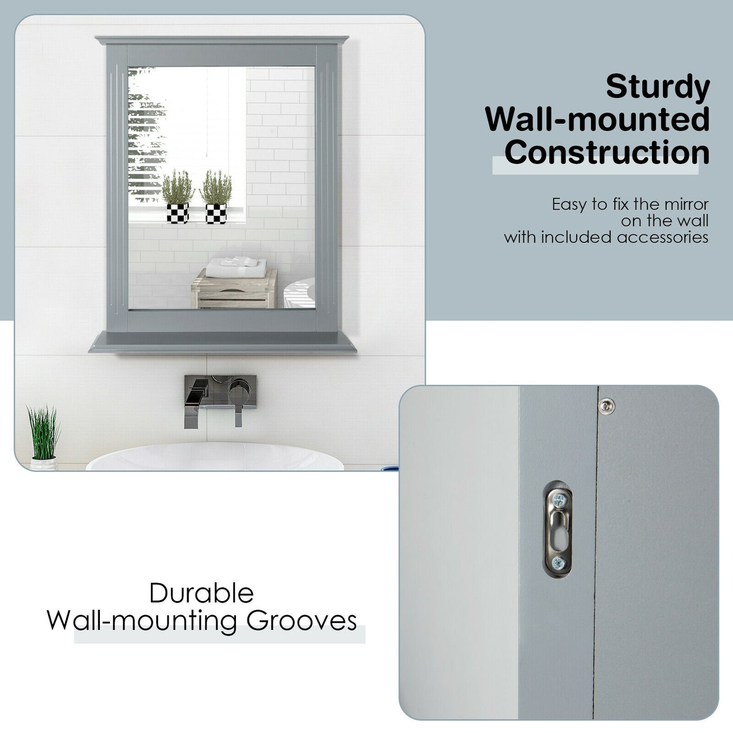 Wall-Mounted Vanity Mirror with Shelf for Storage and Elegant Design - Grey