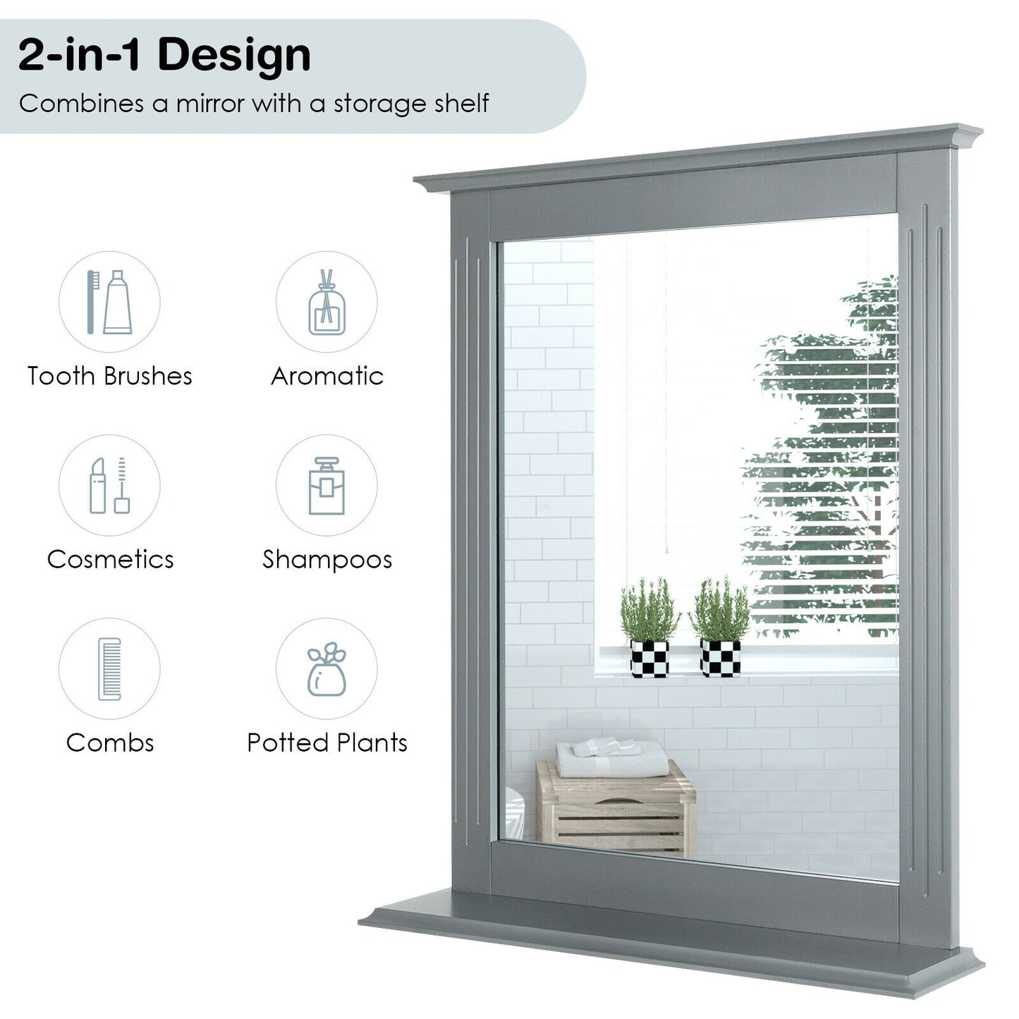 Wall-Mounted Vanity Mirror with Shelf for Storage and Elegant Design - Grey