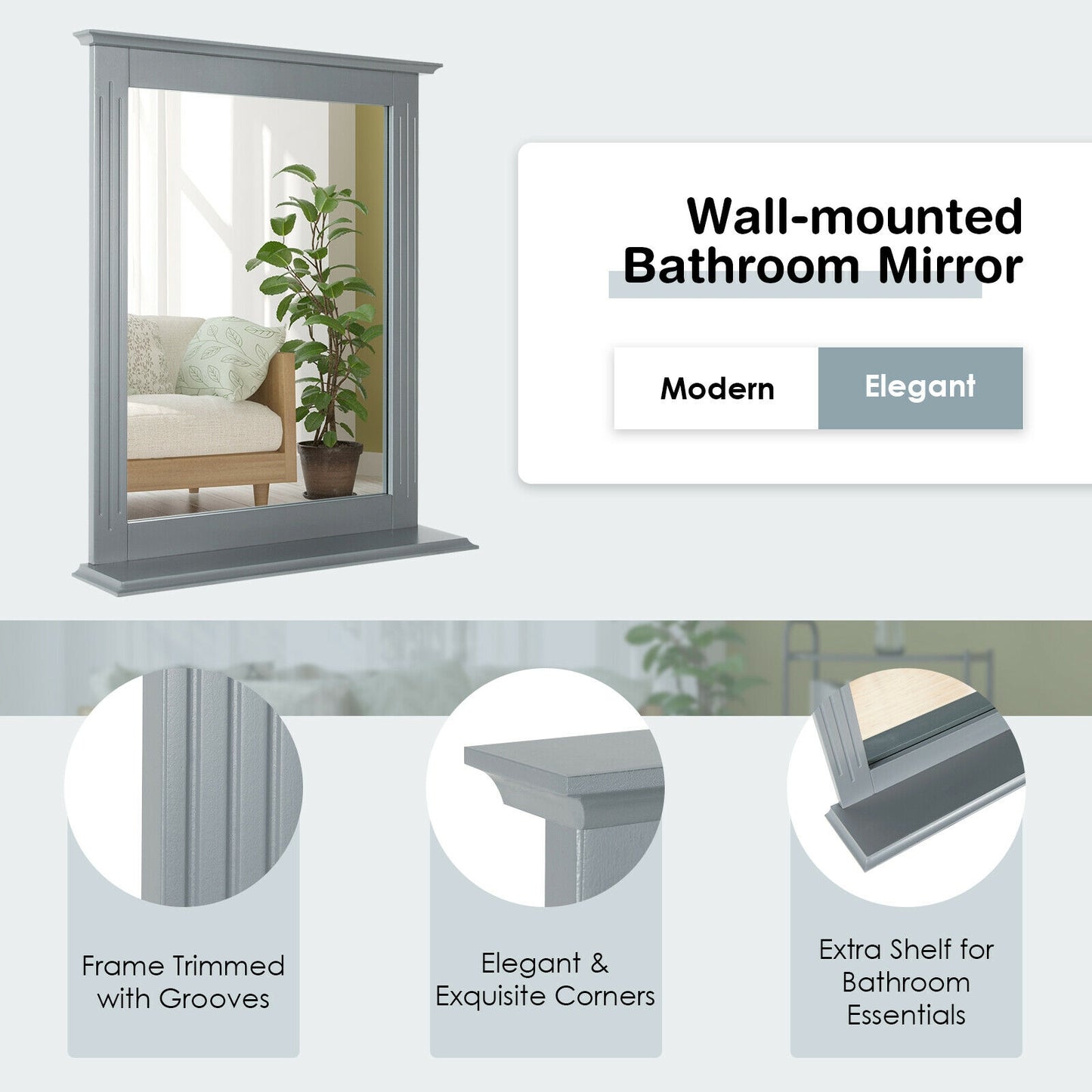 Wall-Mounted Vanity Mirror with Shelf for Storage and Elegant Design - Grey