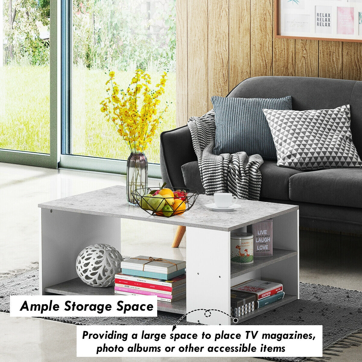Coffee Table with Multiple Storage Shelves in Grey Finish