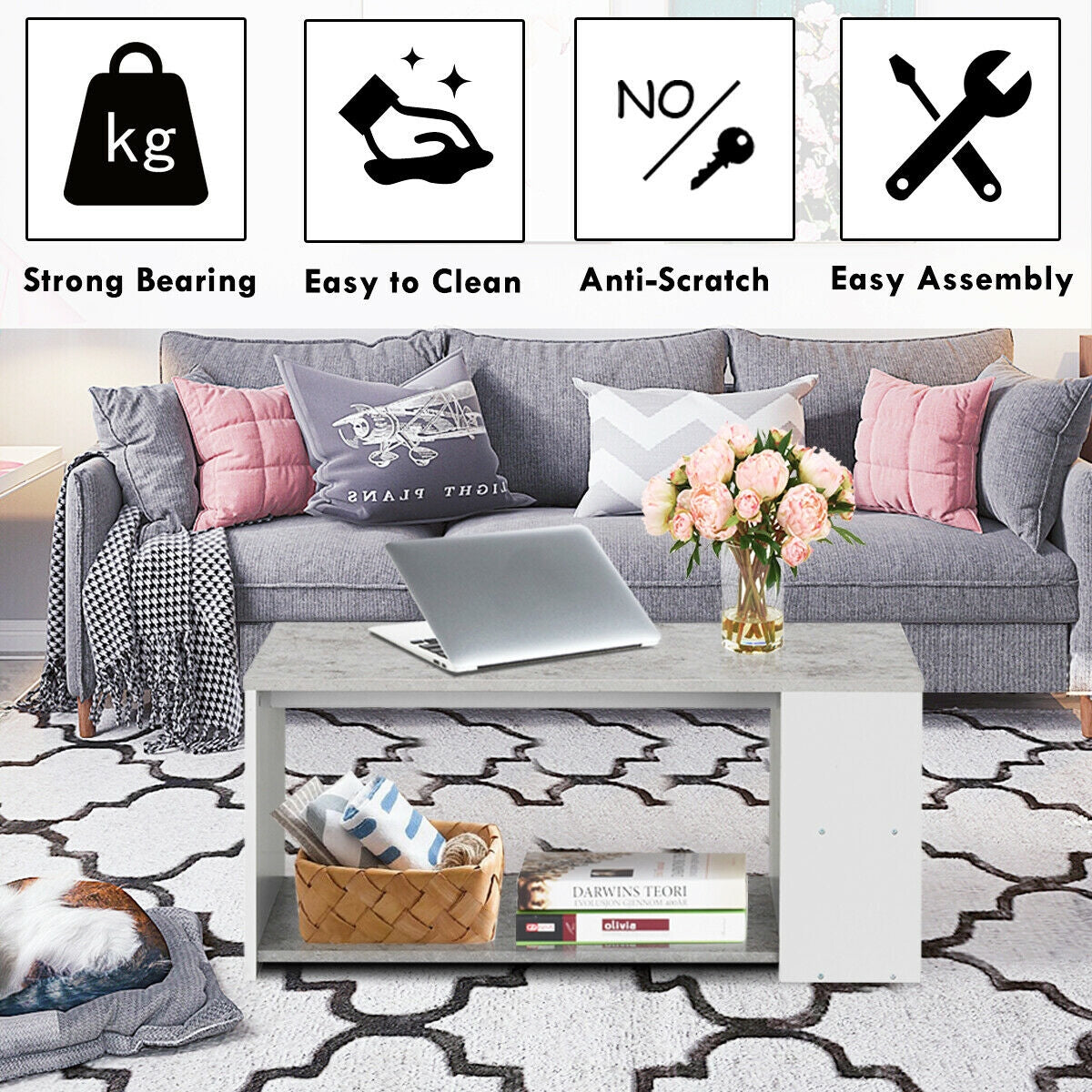 Coffee Table with Multiple Storage Shelves in Grey Finish