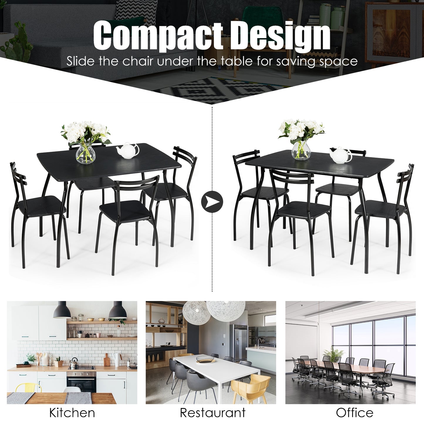 Modern 5-Piece Dining Set with Metal Frame Table and 4 Comfortable Chairs