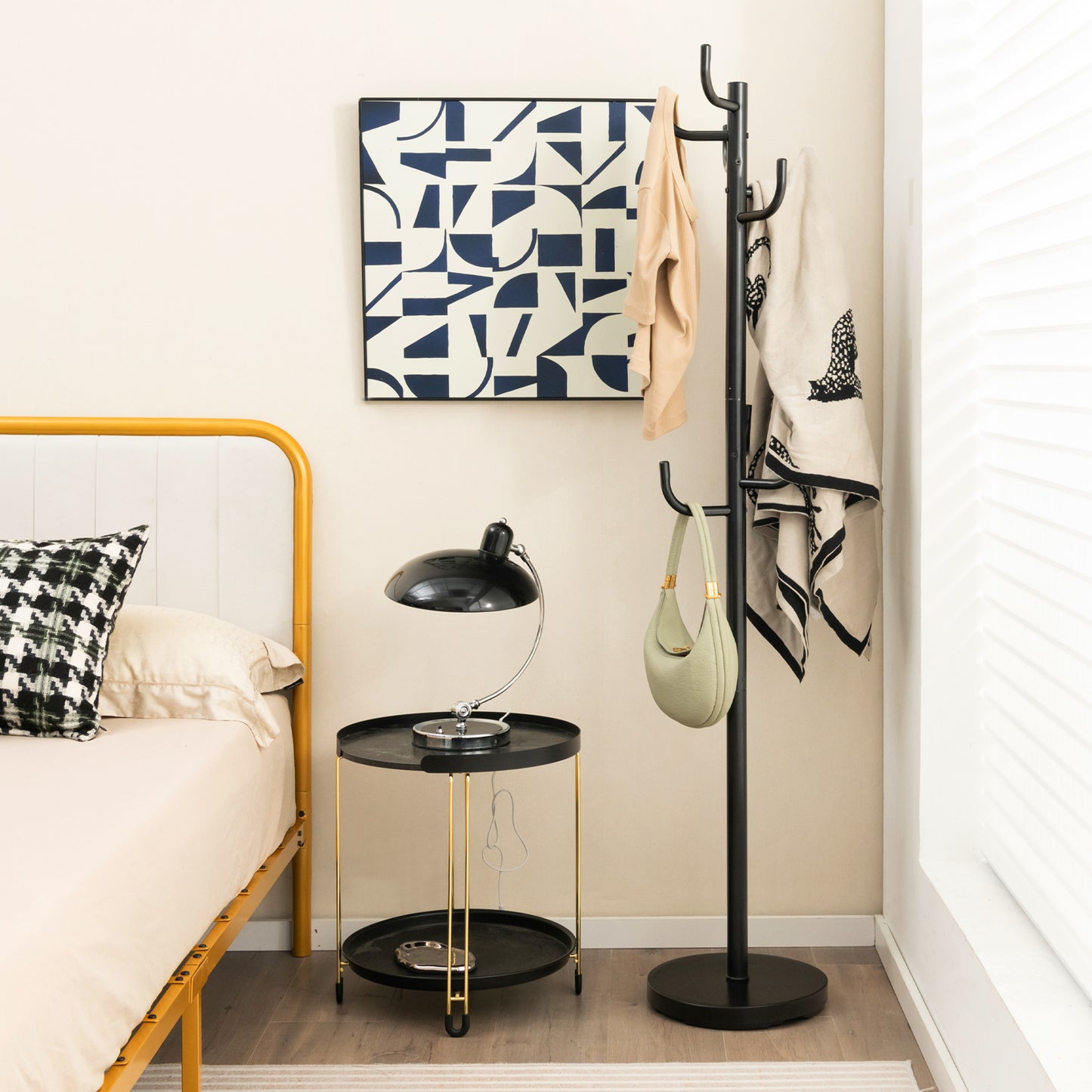 Freestanding Metal Coat Rack with 8 Hooks and Weighted Base for Entryway or Bedroom