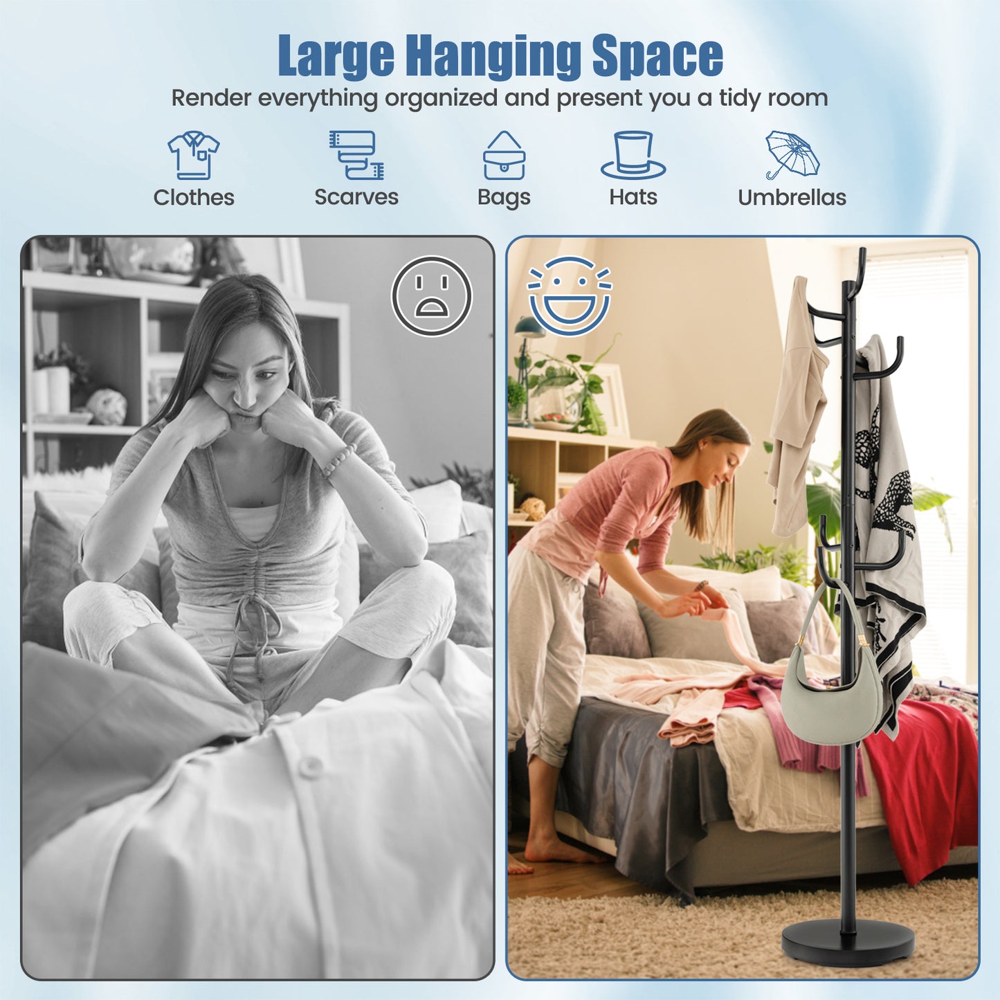 Freestanding Metal Coat Rack with 8 Hooks and Weighted Base for Entryway or Bedroom