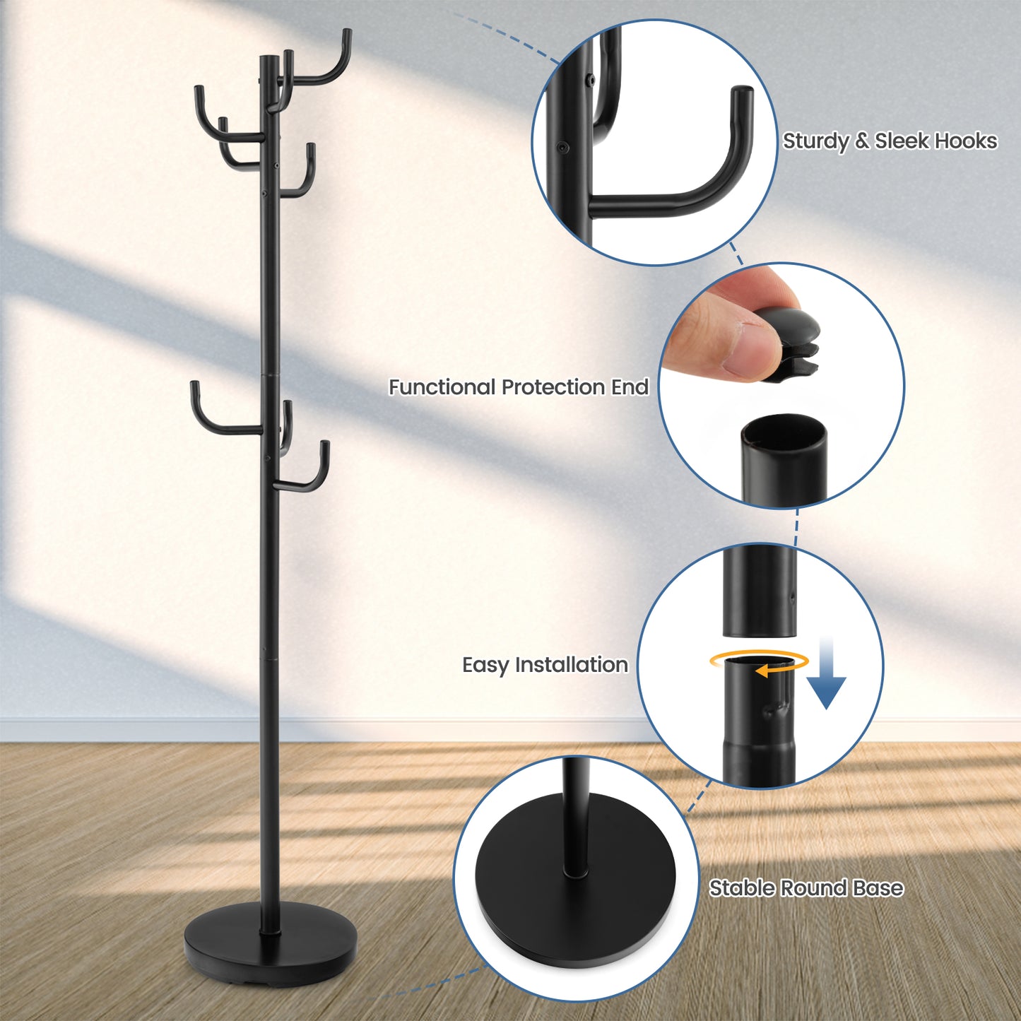 Freestanding Metal Coat Rack with 8 Hooks and Weighted Base for Entryway or Bedroom