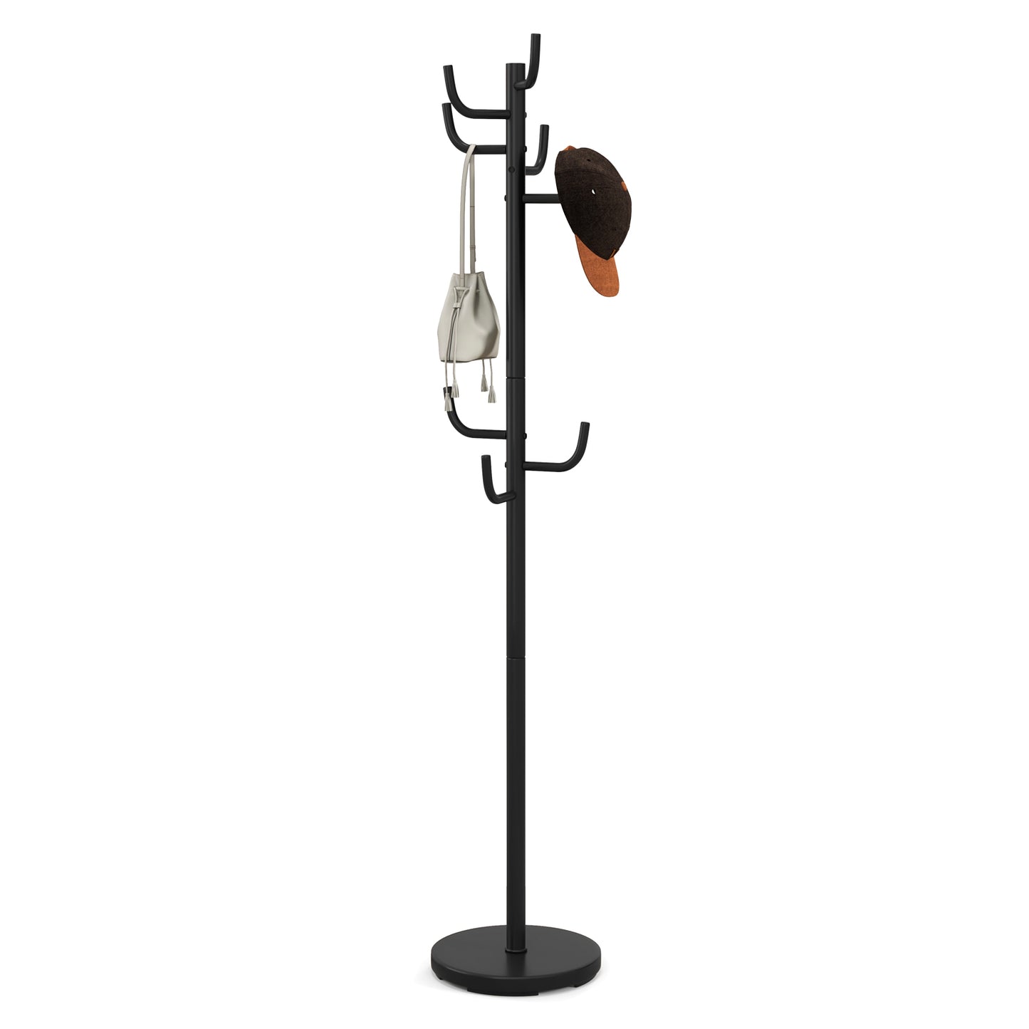 Freestanding Metal Coat Rack with 8 Hooks and Weighted Base for Entryway or Bedroom