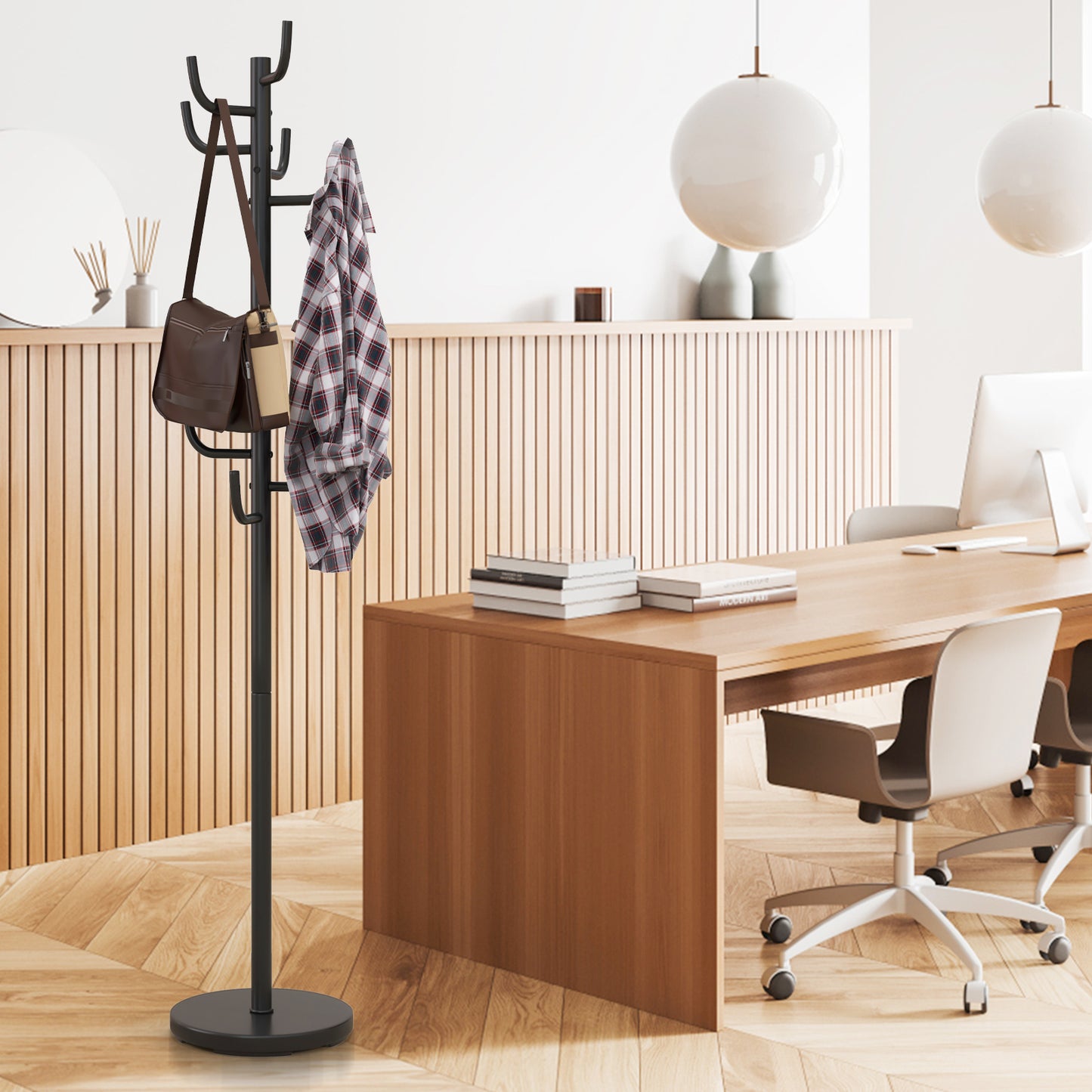 Freestanding Metal Coat Rack with 8 Hooks and Weighted Base for Entryway or Bedroom