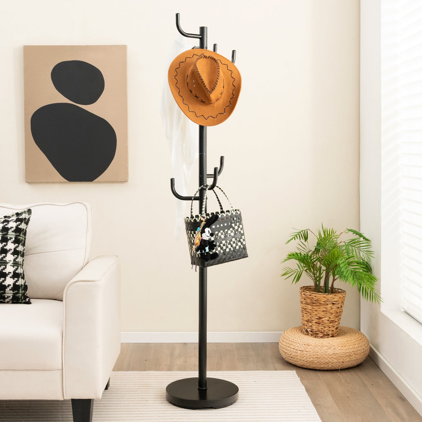 Freestanding Metal Coat Rack with 8 Hooks and Weighted Base for Entryway or Bedroom
