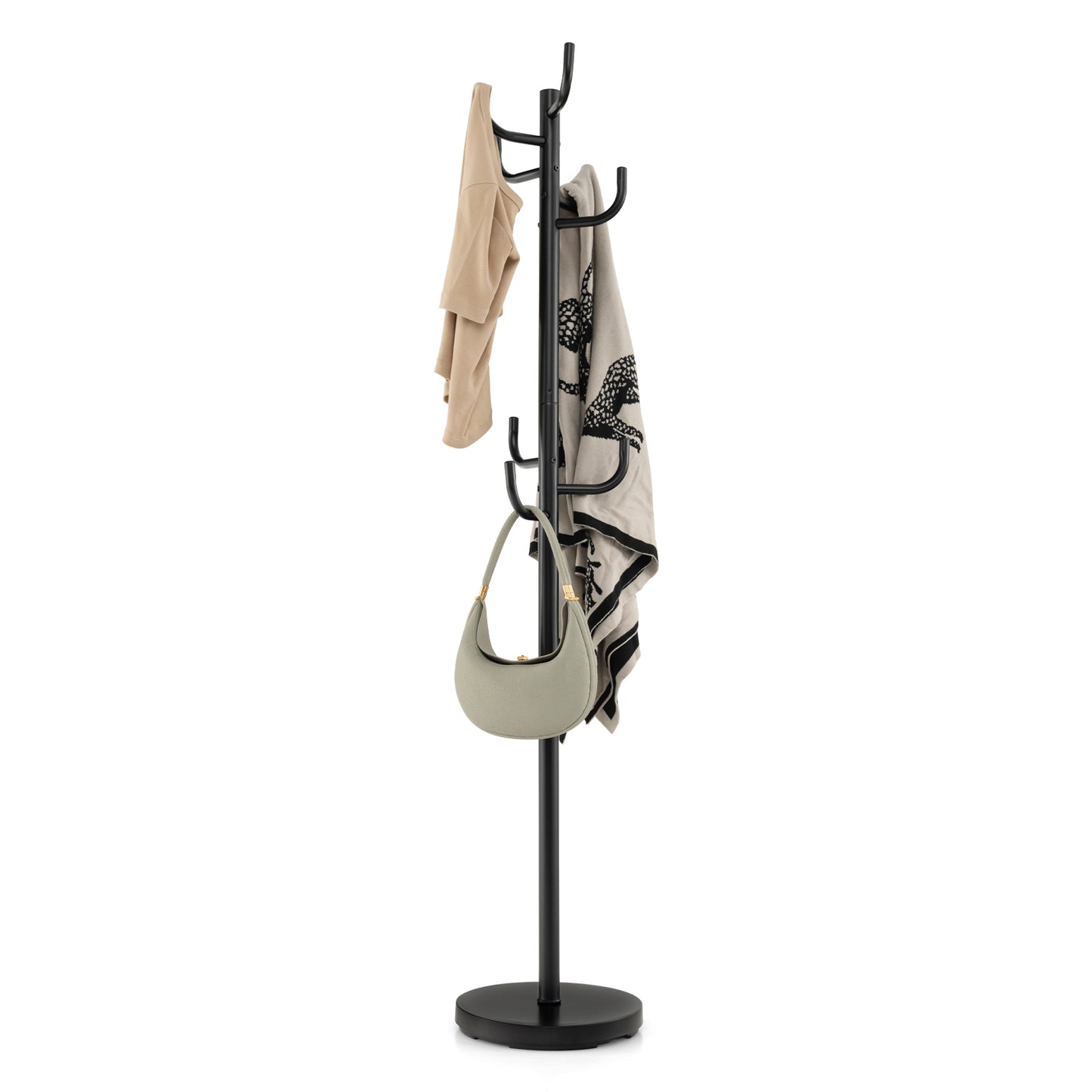 Freestanding Metal Coat Rack with 8 Hooks and Weighted Base for Entryway or Bedroom