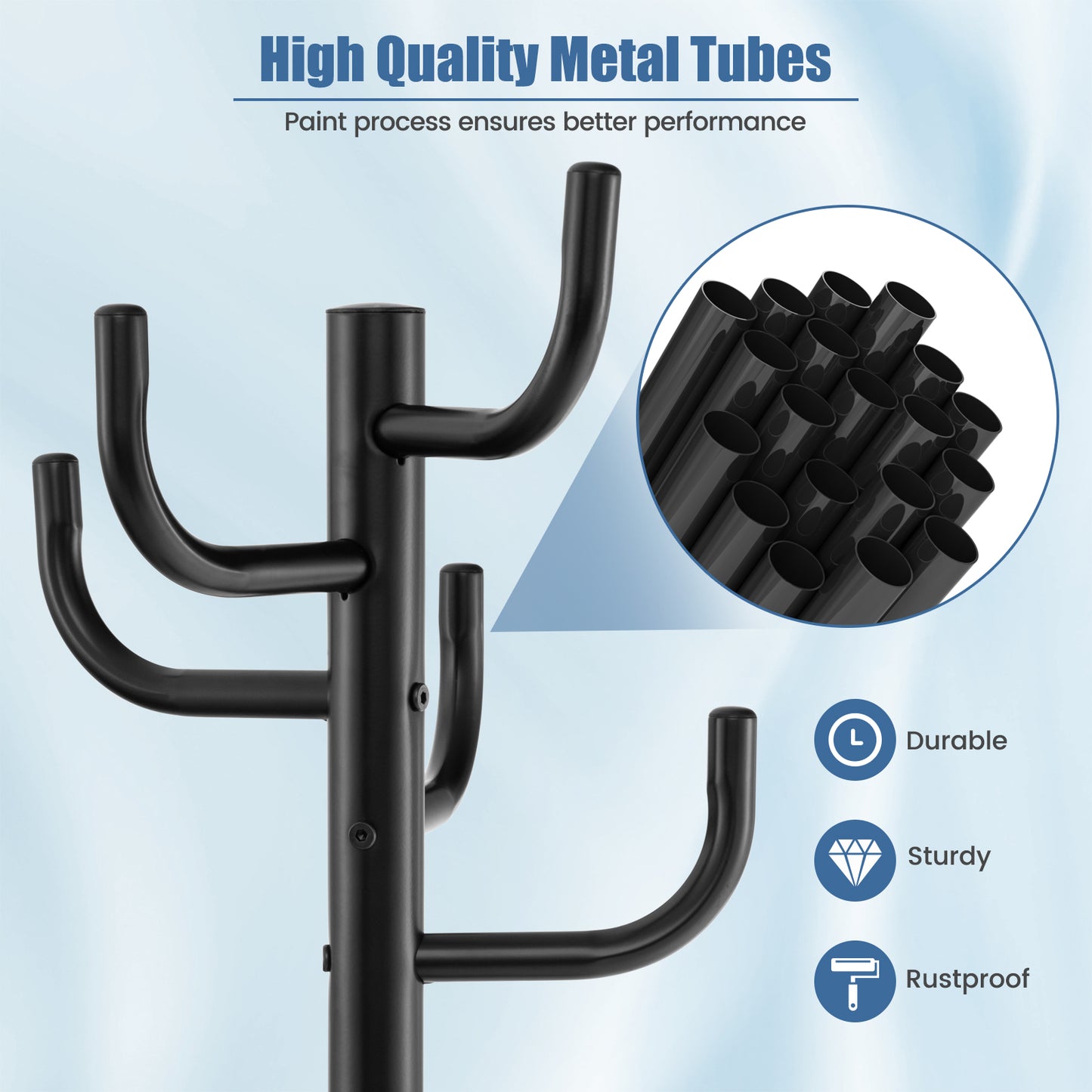 Freestanding Metal Coat Rack with 8 Hooks and Weighted Base for Entryway or Bedroom