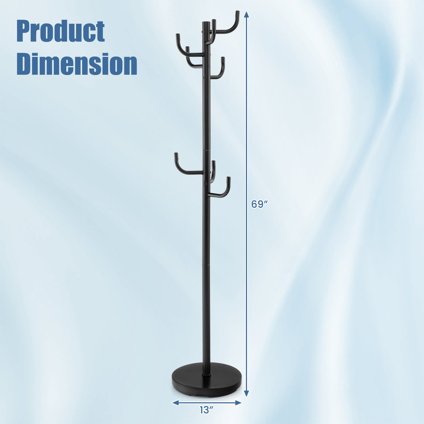 Freestanding Metal Coat Rack with 8 Hooks and Weighted Base for Entryway or Bedroom