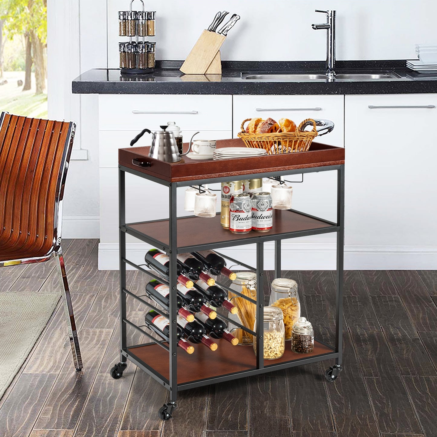 3-Tier Rolling Bar Cart with Wine Rack and Glass Holders for Kitchen and Dining