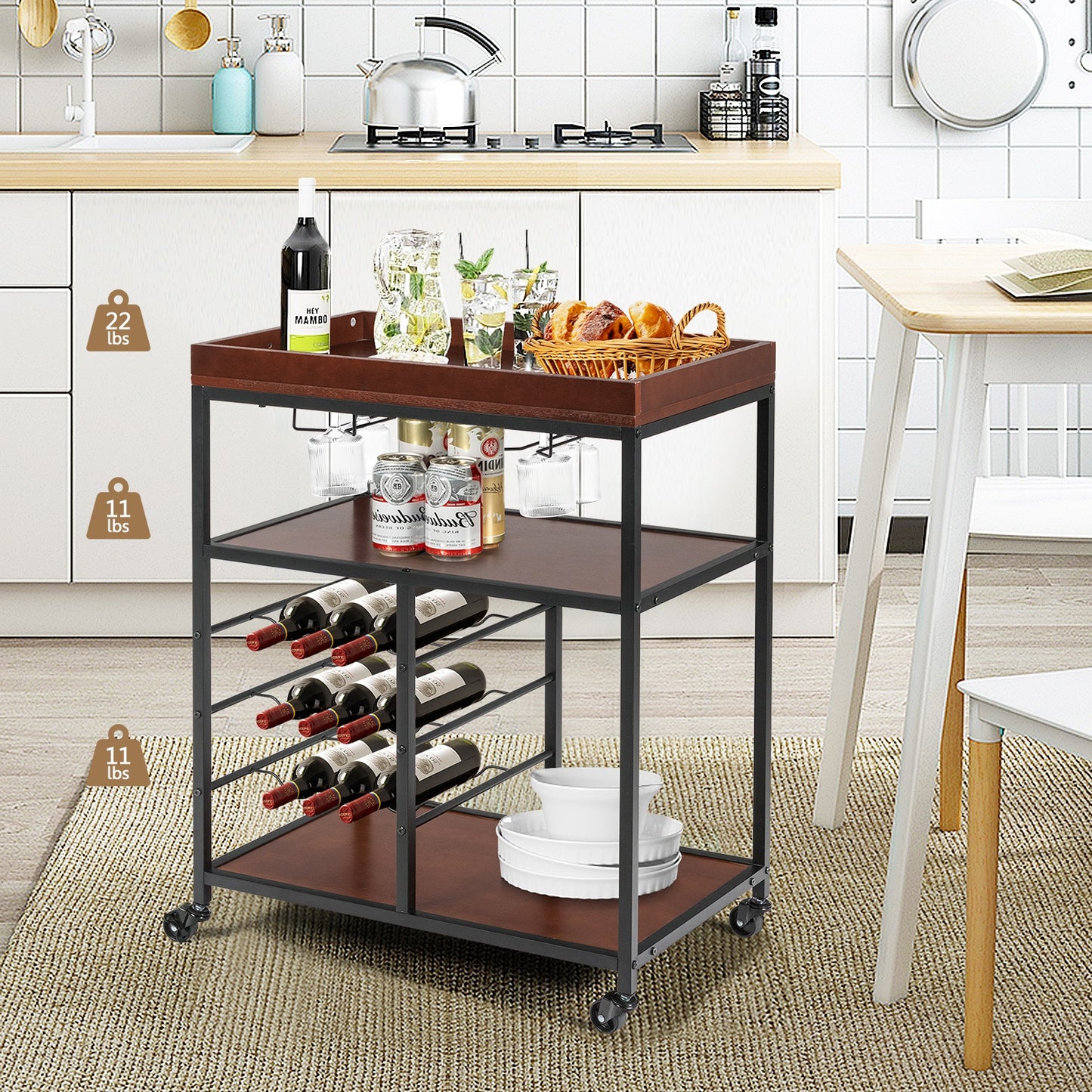 3-Tier Rolling Bar Cart with Wine Rack and Glass Holders for Kitchen and Dining
