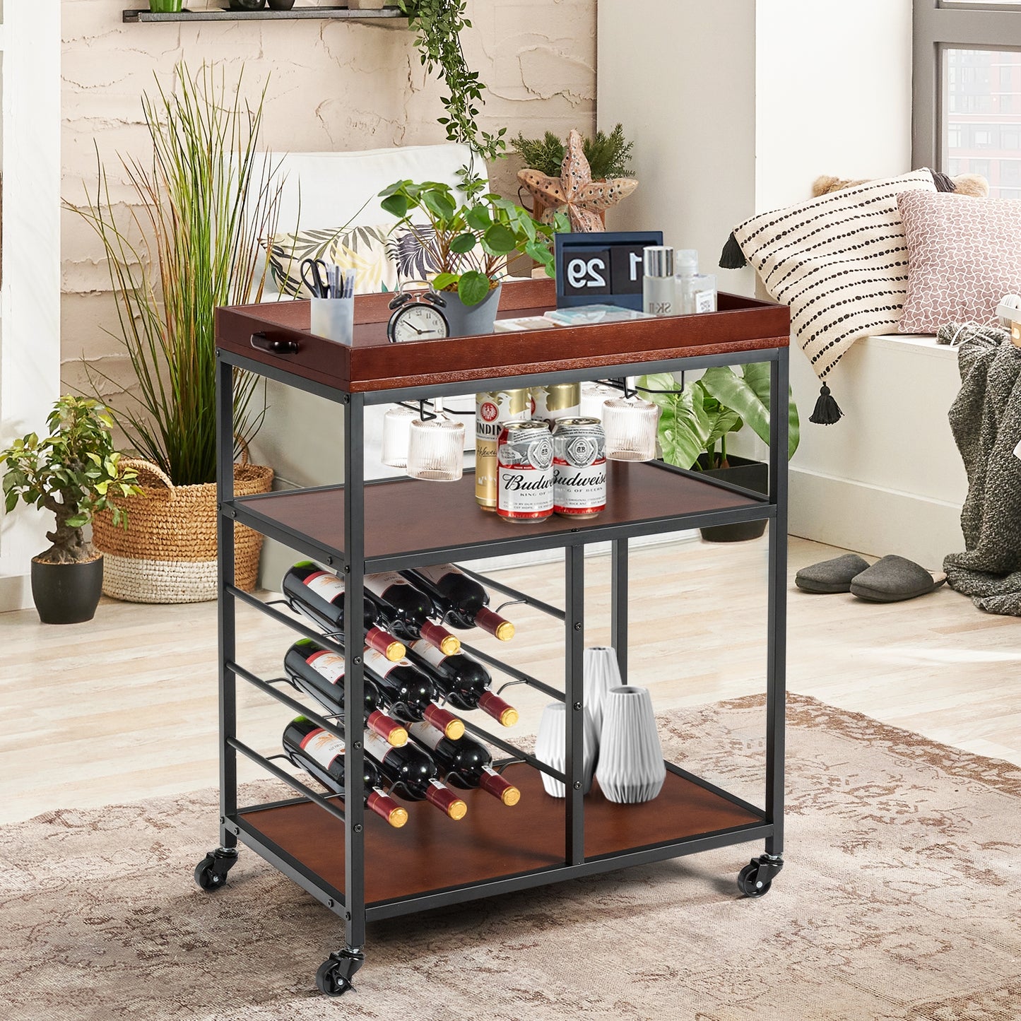 3-Tier Rolling Bar Cart with Wine Rack and Glass Holders for Kitchen and Dining