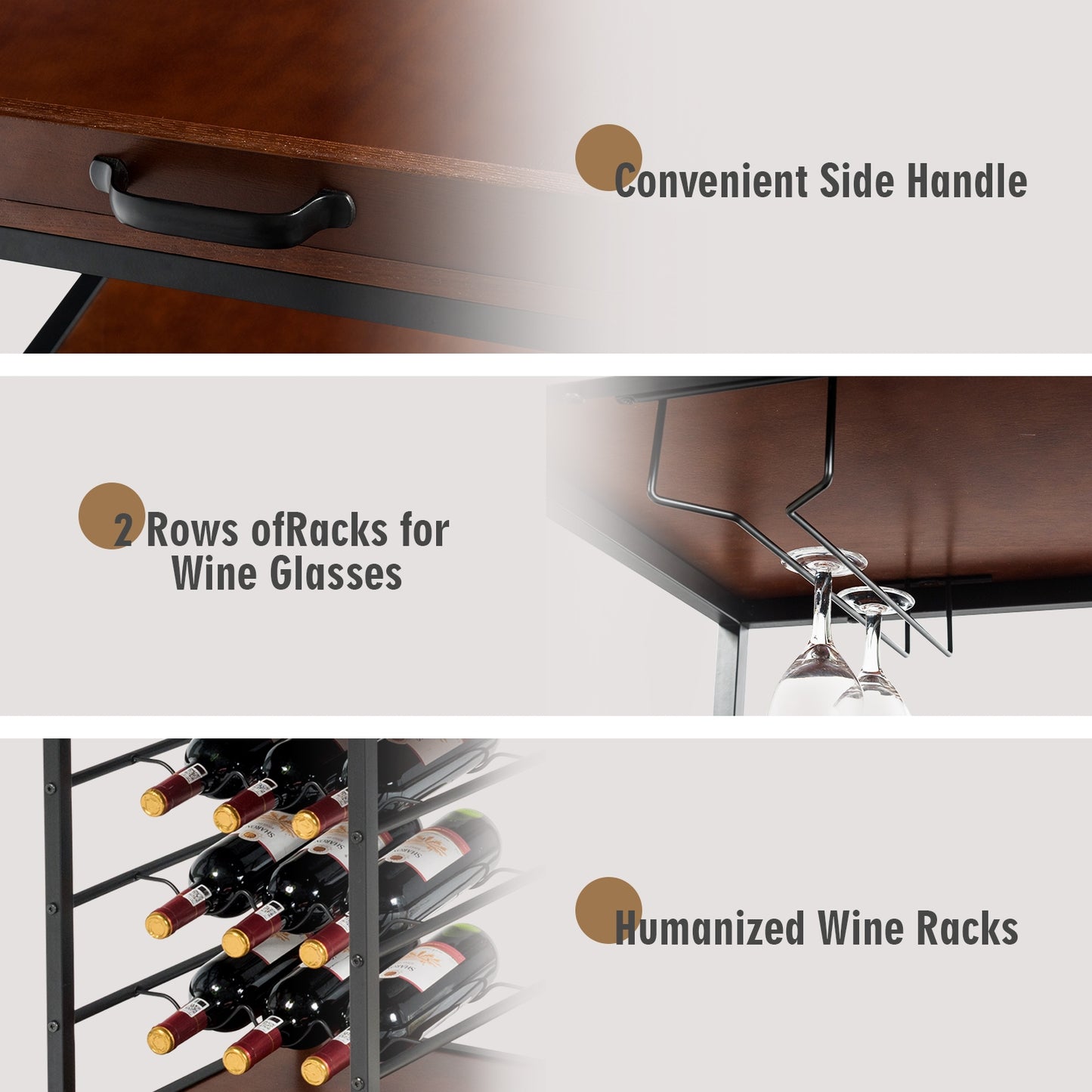 3-Tier Rolling Bar Cart with Wine Rack and Glass Holders for Kitchen and Dining
